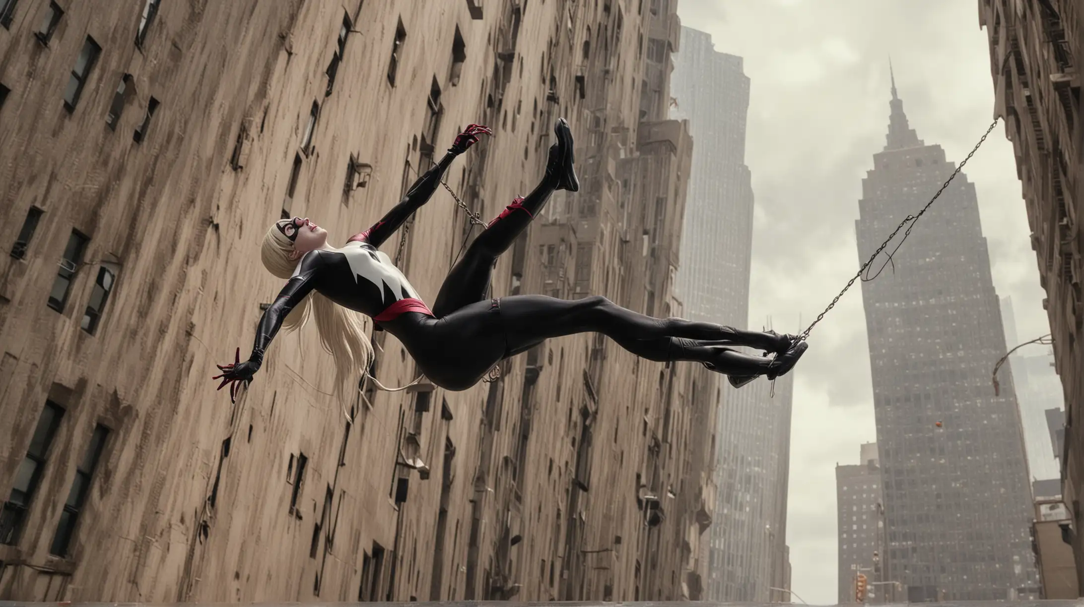Spider-Gwen, swinging from a web around the corner of a tall building, in Manhattan, New York City, midday, sparse clouds, dynamic angle, 