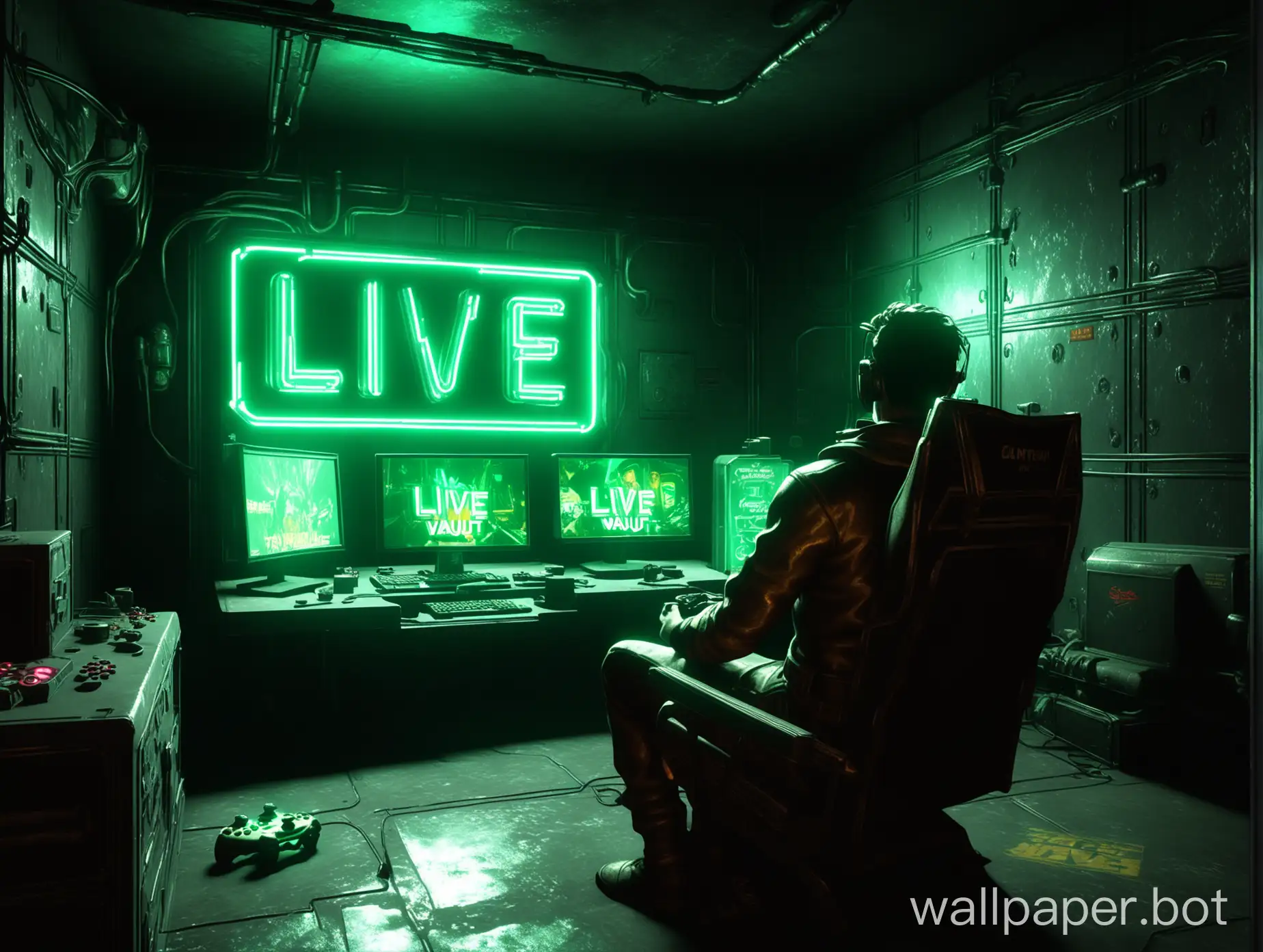 In a vault reminiscent of Fallout 4, a scene comes to life: a man, deeply immersed in his game, is seated before a monitor, gaming controller in grip. Behind him, the bright neon sign declaring 'LIVE Streaming' bathes the metallic vault walls in a radiant light.