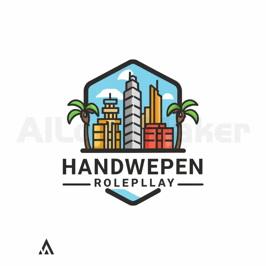 a logo design,with the text "Handwerpen RolePlay", main symbol:city skyline and a crane in the middle with palm trees on the side,Moderate,be used in Technology industry,clear background