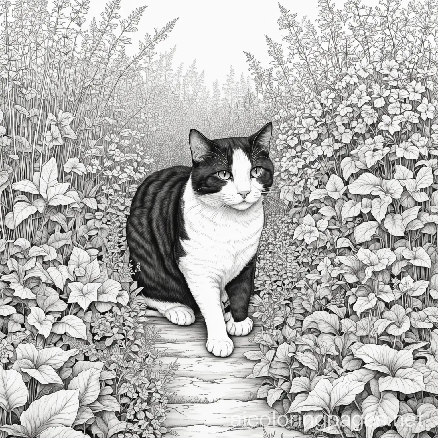 cat in the garden, Coloring Page, black and white, line art, white background, Simplicity, Ample White Space