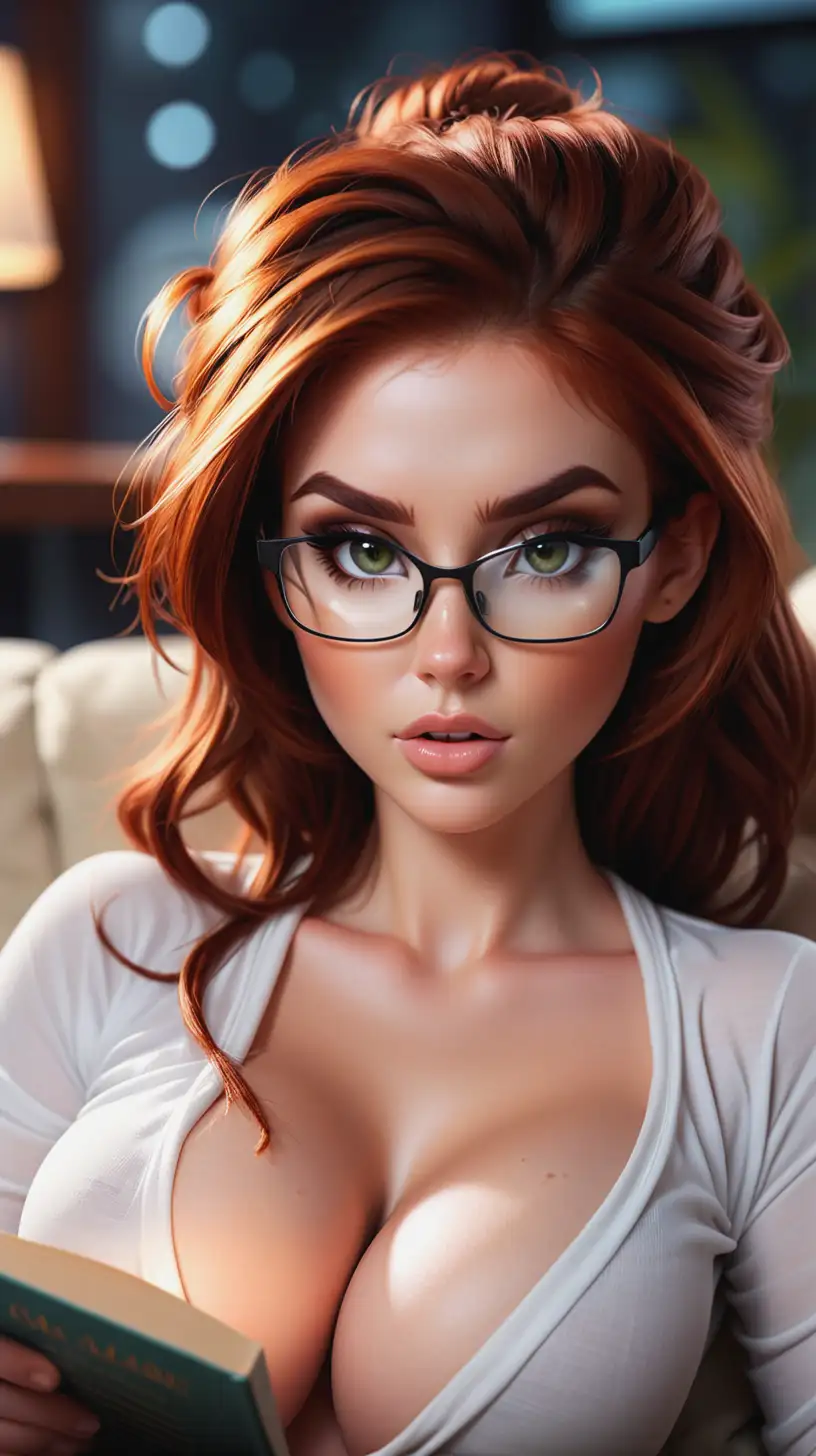 Gorgeous Kim Possible, very attractive face, highly detailed eyes, big breasts, skinny body, dark eye shadow, auburn hair in messy updo, wearing panties and a white fully unbuttoned top, square frame glasses, bokeh background, soft light on face, rim lighting, lying on a couch reading a book, photorealistic, hyper realistic, very high detail, extra wide photo, full body photo, aerial photo