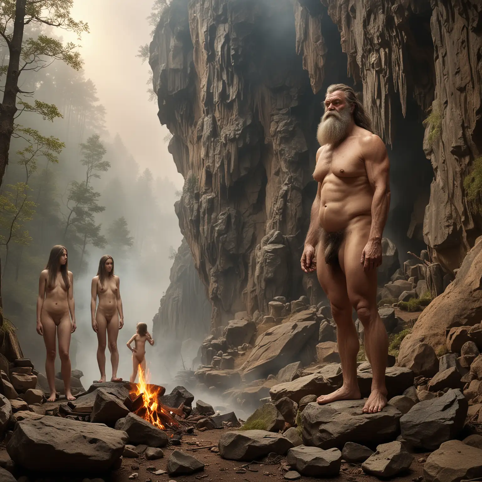 One very large muscular male Hill giant, forest cave, cooking fire, large feet, large hand, nude, fat, primitive, hairy, long beard, old age, standing on rock, misty, with three 18-year-old nude human females who are smaller than a quarter of his size 