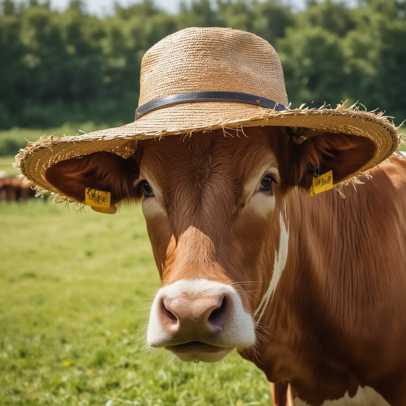 Summer Portrait Cow Wearing a Straw Hat in a Sunny Field