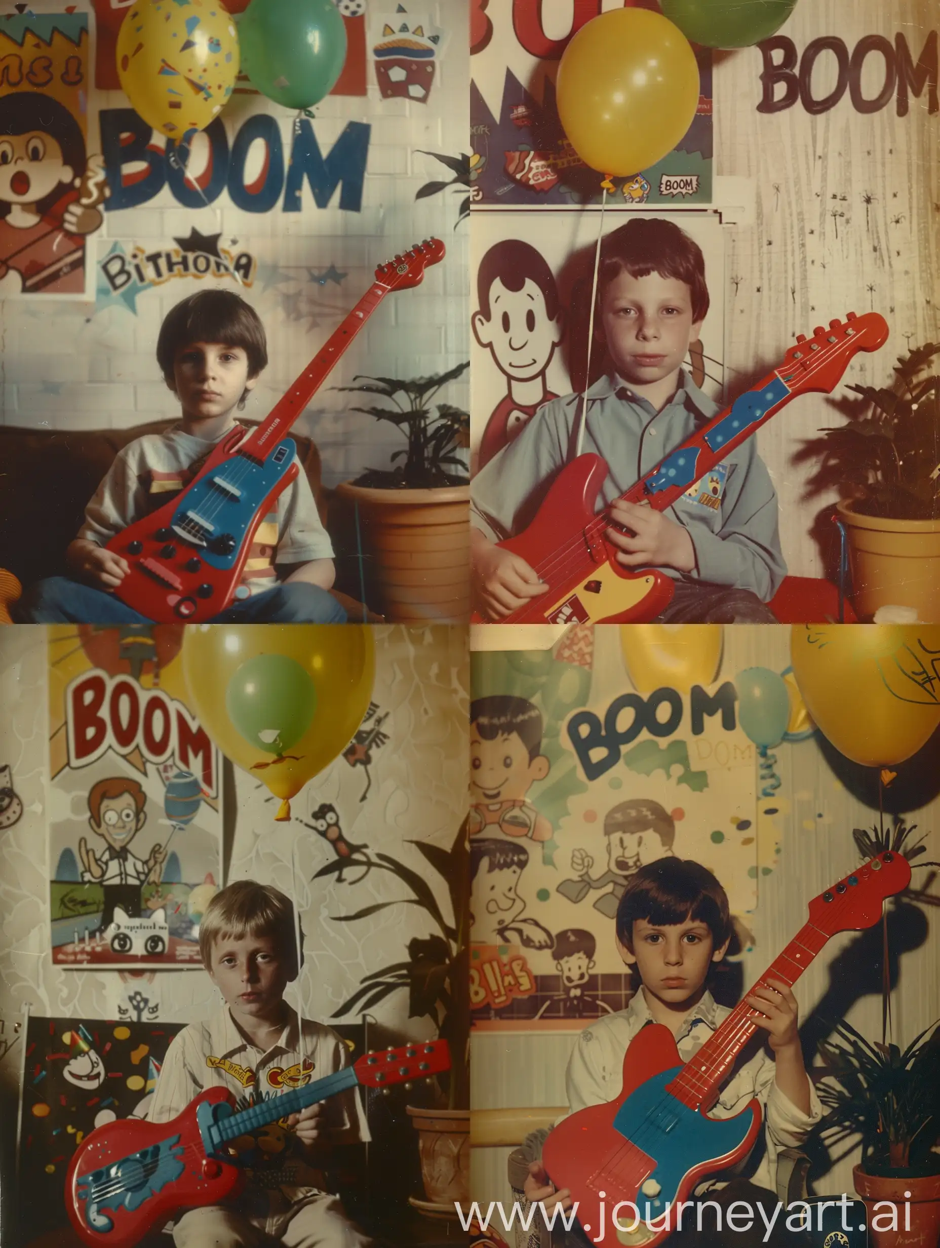 The vintage photo poor quality features an boy seated, holding a red toy electric-guitar with blue elements. Behind them is a wall with a cartoon character poster, and a yellow green birthday balloon's floats above their head. To the right, there's a potted plant. The wall text reads "BOOM." The setting suggests a casual, festive atmosphere—perhaps during a party or celebration --style raw