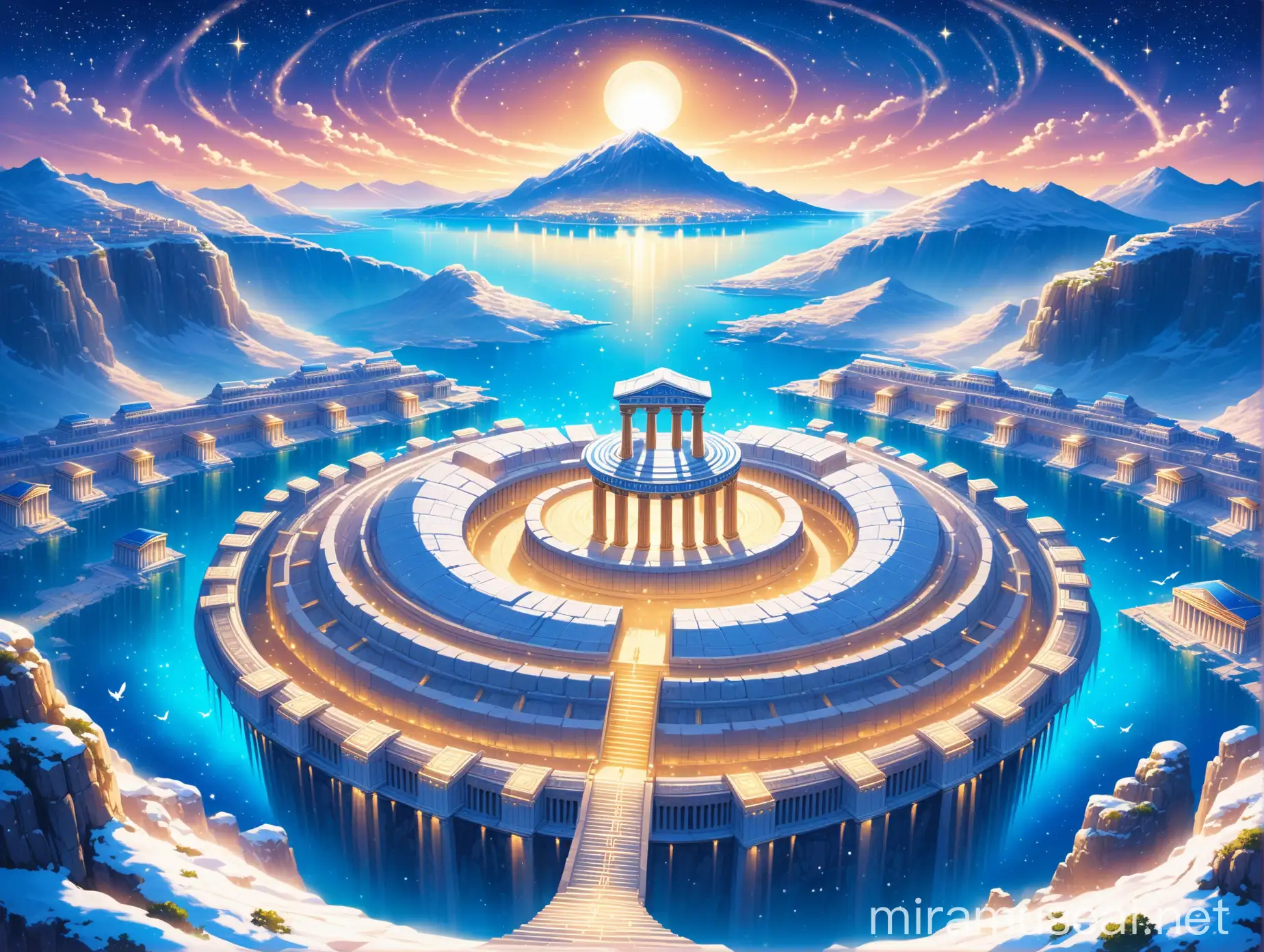 an ancient greek polis city on top of a snow-capped mountain in fantasy style, the buildings have magical coves, at the highest point is the magical ancient Greek temple with a magical starry blue roof, there are a few of magic winged creatures
