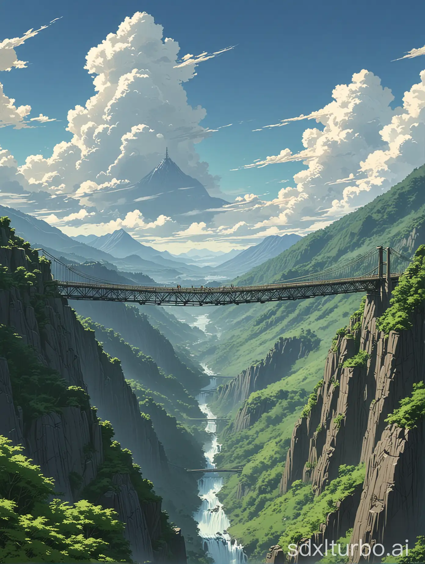 Spectacular Suspension Bridge in Mountainous Landscape Makoto Shinkai  Inspired Anime Art | SDXL Free Online