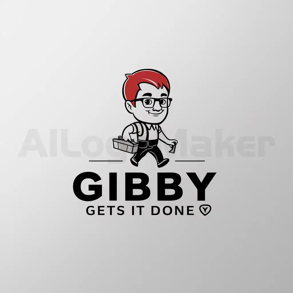 a logo design,with the text "Gibby Gets It Done ☑️", main symbol:Image of a handyman who has short red hair, glasses, and no beard holding a toolbox.
,Minimalistic,clear background