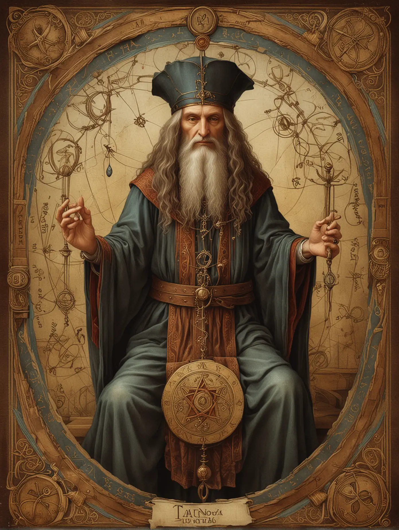 Leonardo-da-Vinci-Style-Tarot-Painting-The-Magician-with-Original-Rider-Deck-Symbols