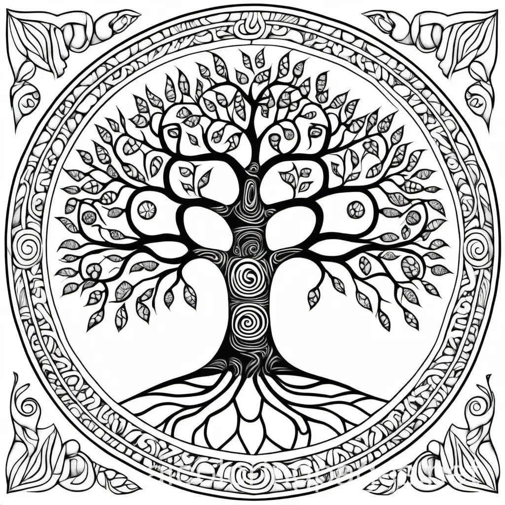 Zen Tree of Life, Coloring Page, black and white, line art, white background, Simplicity, Ample White Space. The background of the coloring page is plain white to make it easy for young children to color within the lines. The outlines of all the subjects are easy to distinguish, making it simple for kids to color without too much difficulty