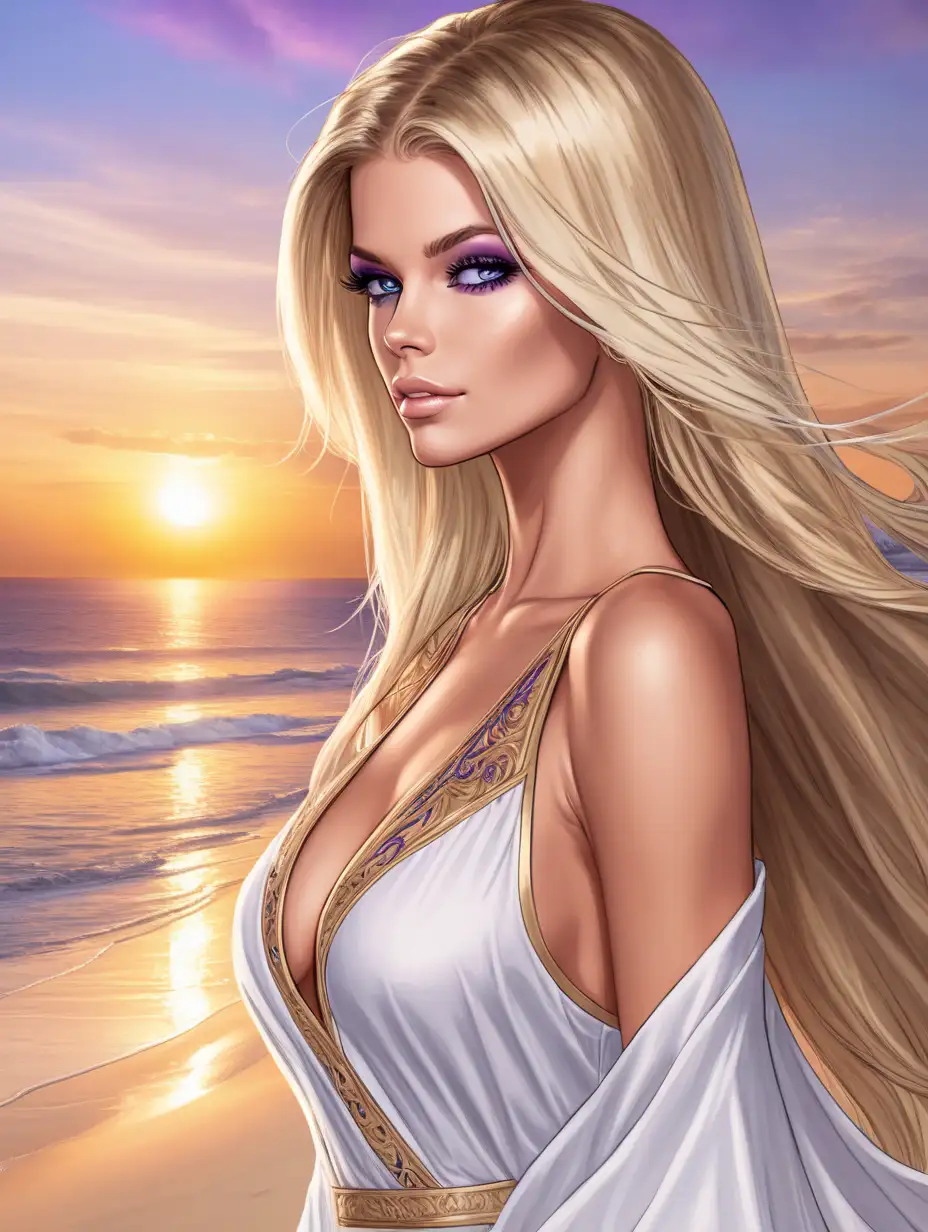 Аристократка Jessa Rhodes, возраст двадцать лет, красивая женщина, роковая красотка, страстная стерва, длинные прямые золотые волосы, голубые и фиолетовые глаза, красивая и сексуальная фигура, красивая и пышная грудь, прозрачная белая туника,  пляж с белым песком, Индийский океан, красивый закат,  средневековье, симметрия, рисунок, портрет
