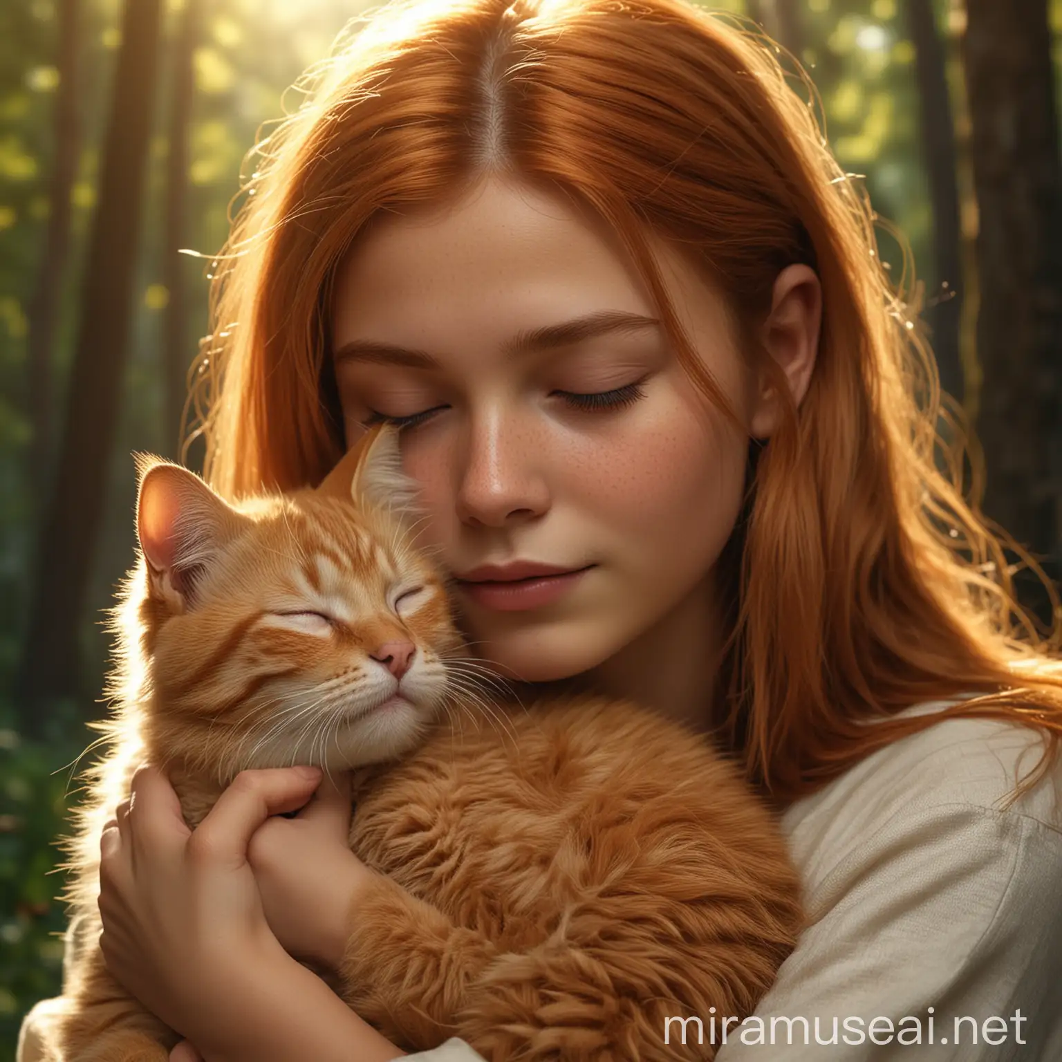 Create a closed-up hyper-realistic digital image of a young girl holding gently a ginger cat. The girl and the cat closed their eyes with feeling of trust. Enchanting woods background. Beautiful lighting. Magical love. An 8K High Definition Resolution image.
