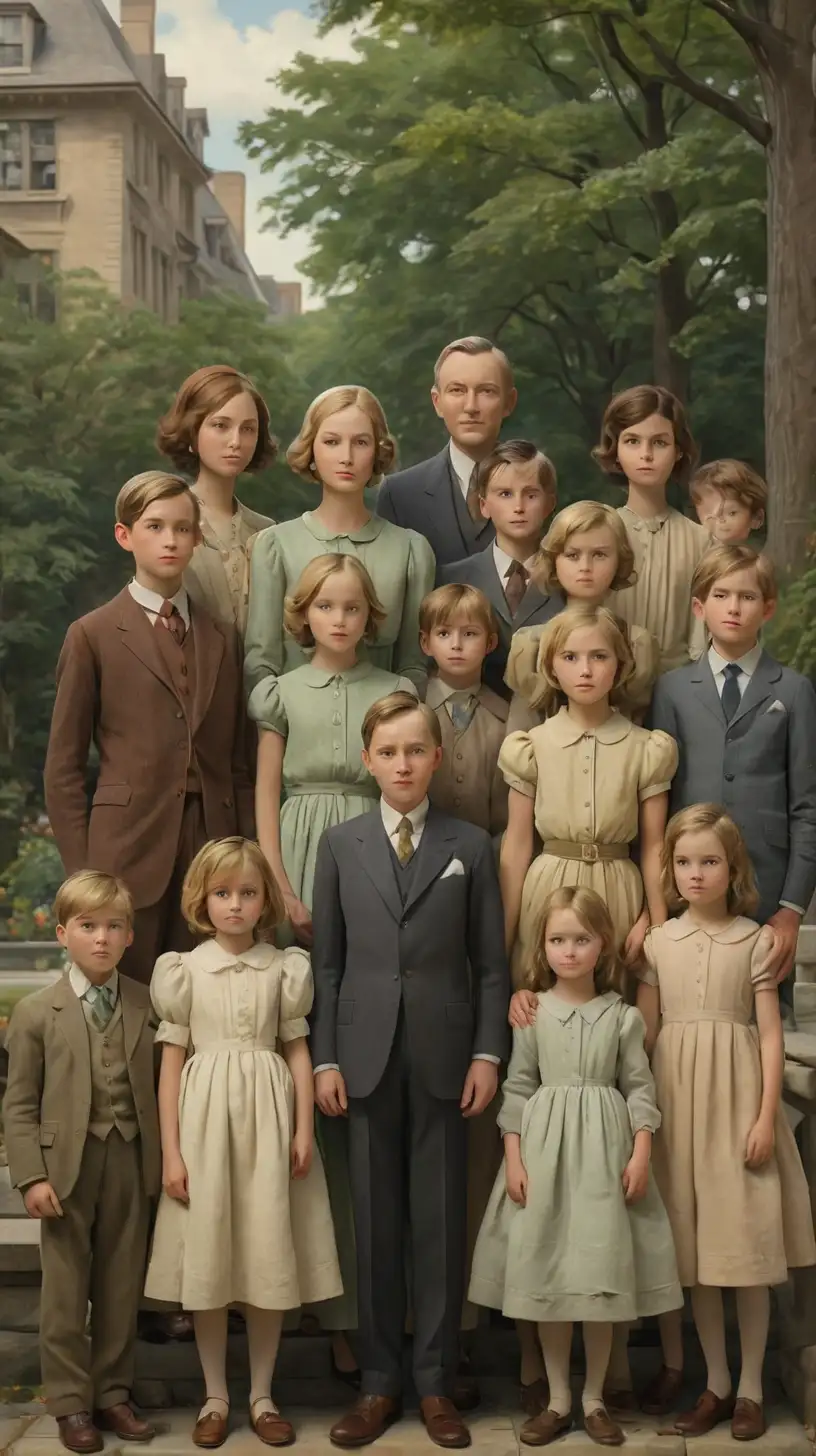 Scene: Cinematic, details with details

The Rockefeller family, show the children of John D. Rockefeller, and his grandchildren