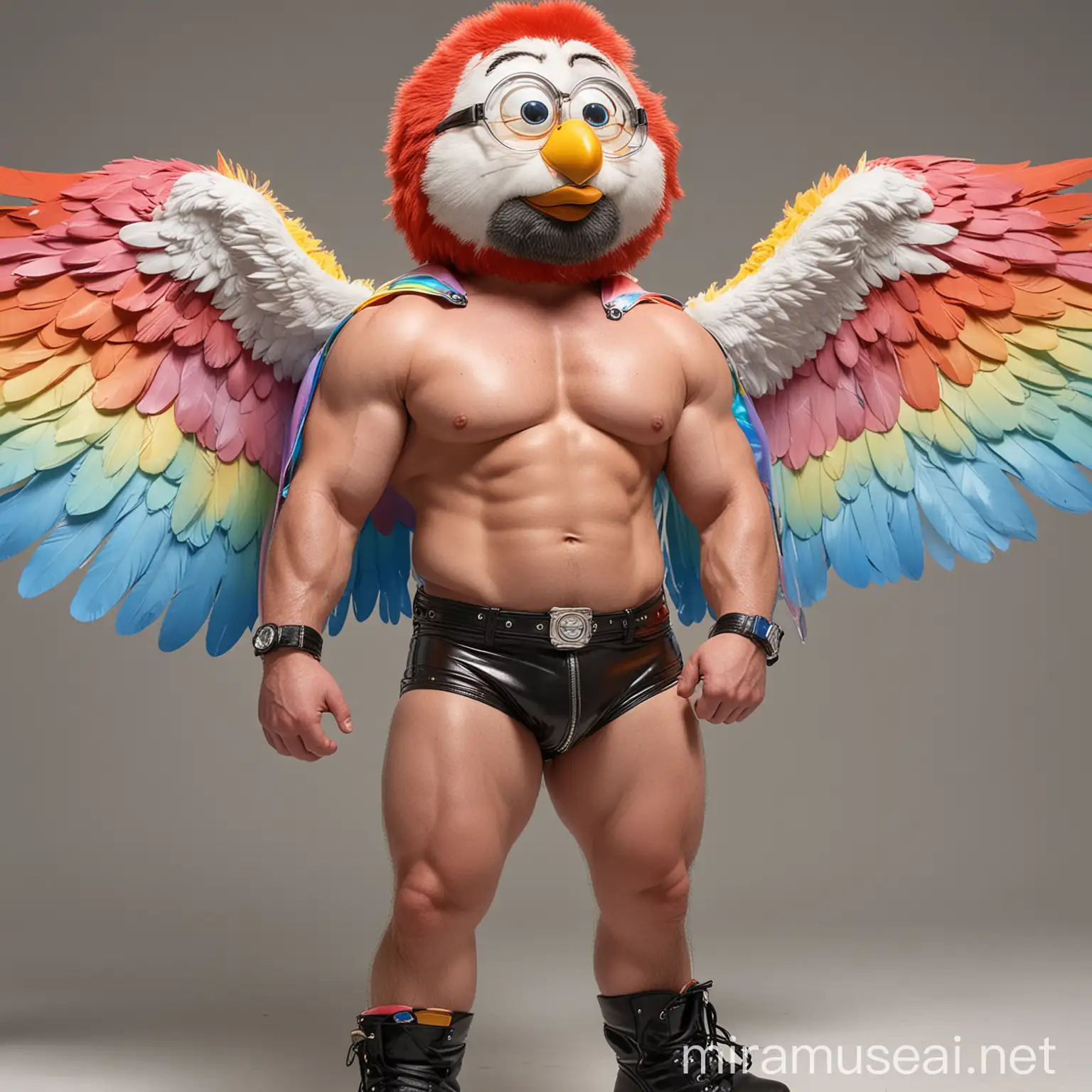 Smiling Topless Bodybuilder Daddy with RainbowColored Wings and Doraemon Goggles