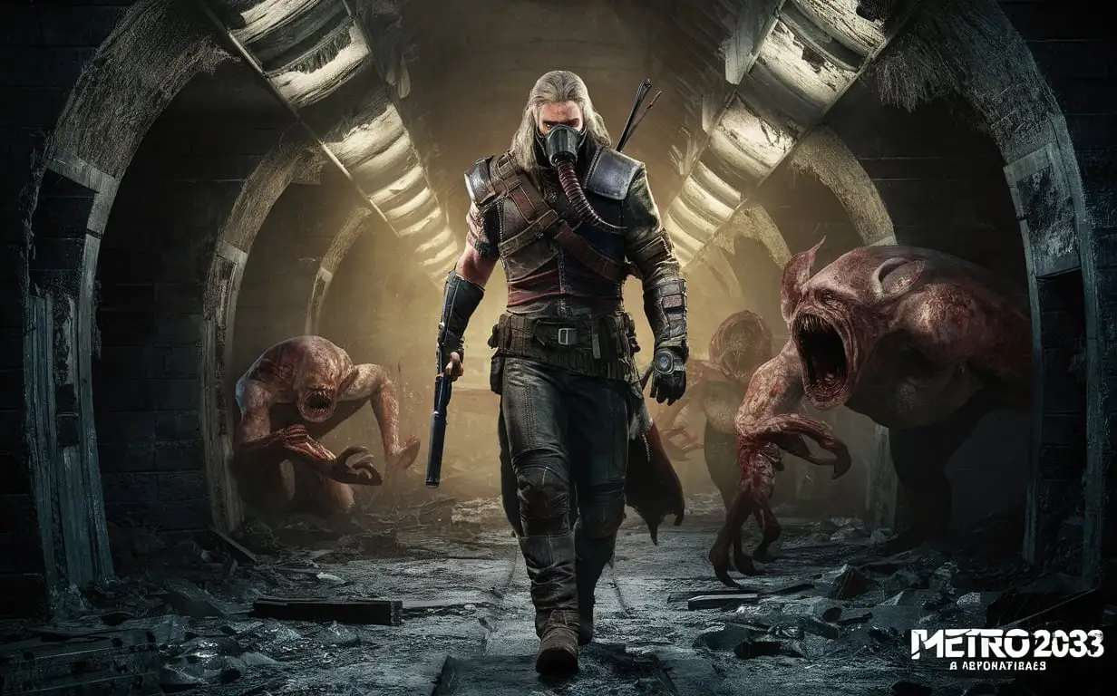  Geralt goes with a GP-7BT gas mask on his face and armor on his body into the abandoned, broken metro, and darkness and monsters come out. Geralt goes heroically, the atmosphere is scary and beautiful, monsters attack Geralt in the game Metro 2033.