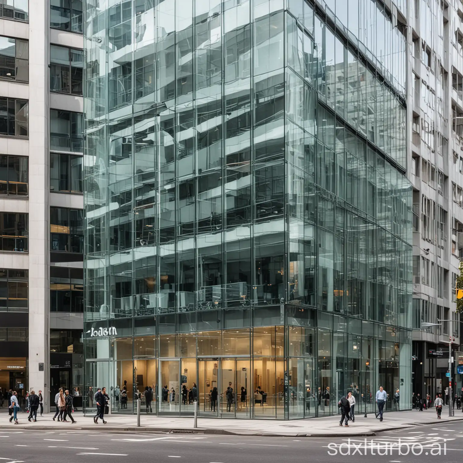 A brand new, modern office building with a glass facade and a large sign stands in the middle of a busy city street.
