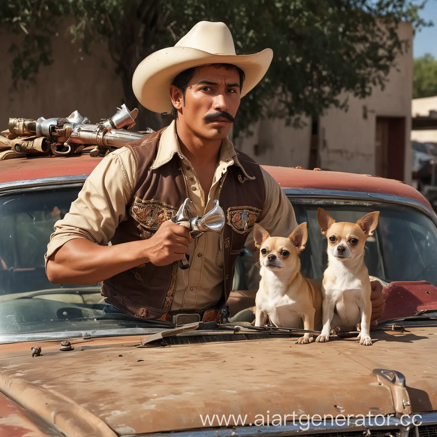 Hot-Mexican-Cowboy-with-Retro-Car-and-Large-Family