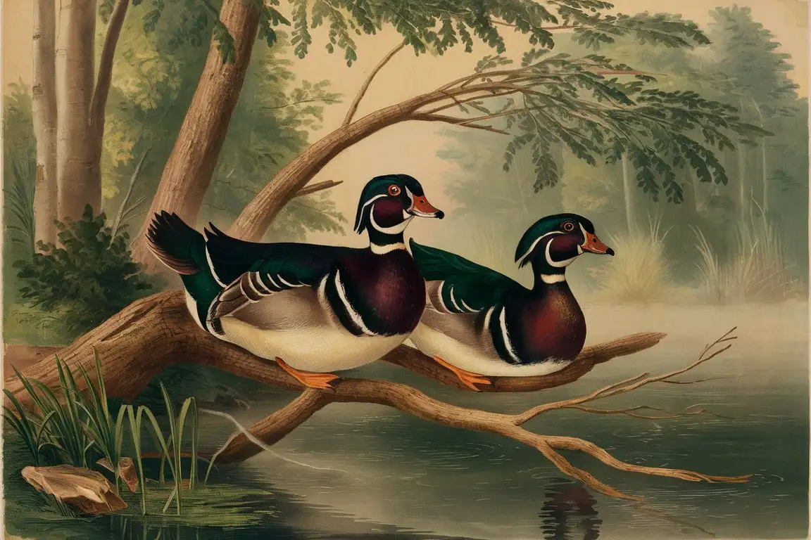 Vintage Print of Wood Ducks Perching on Tranquil Waters
