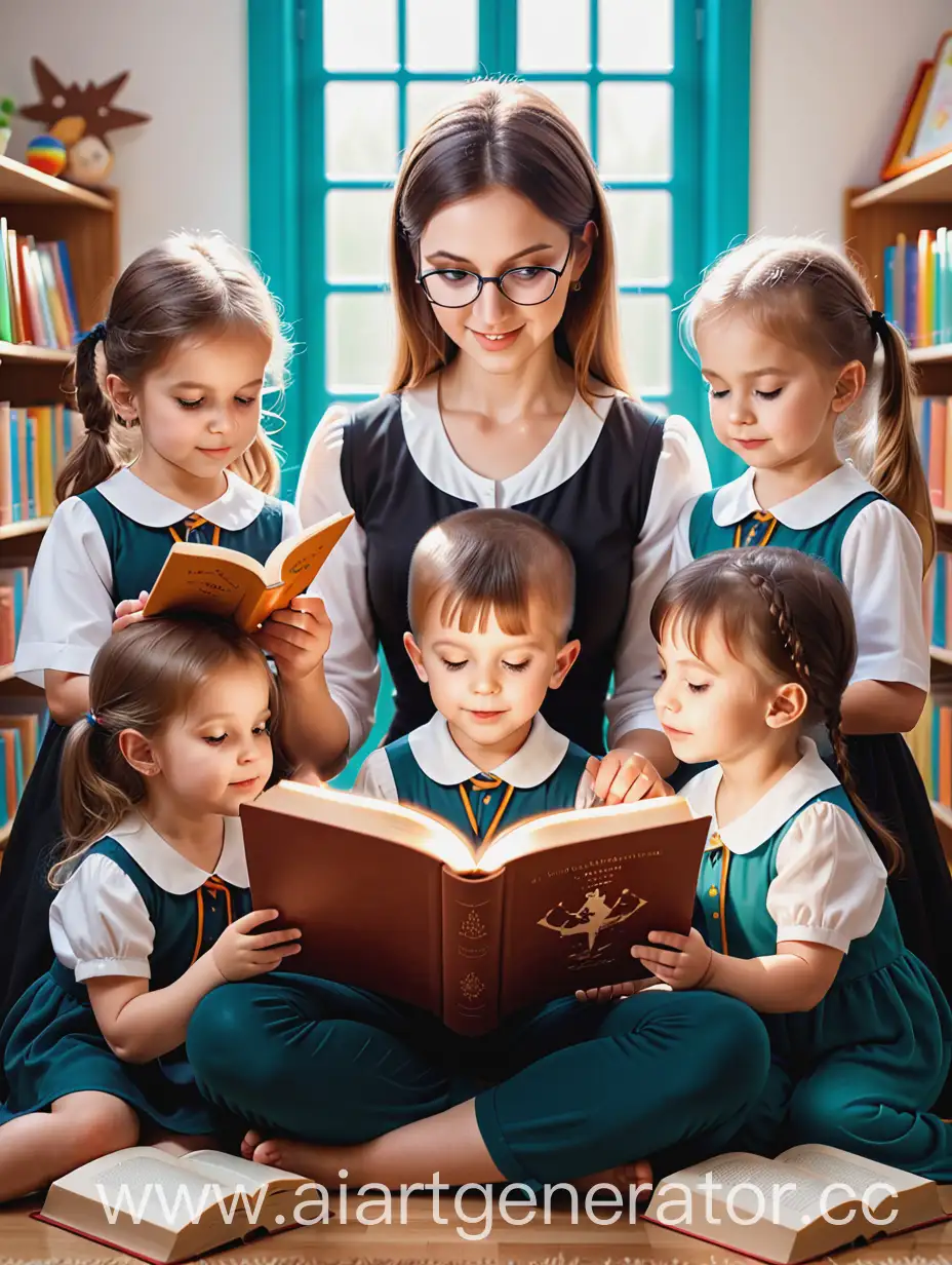 The teacher and the children read books magic