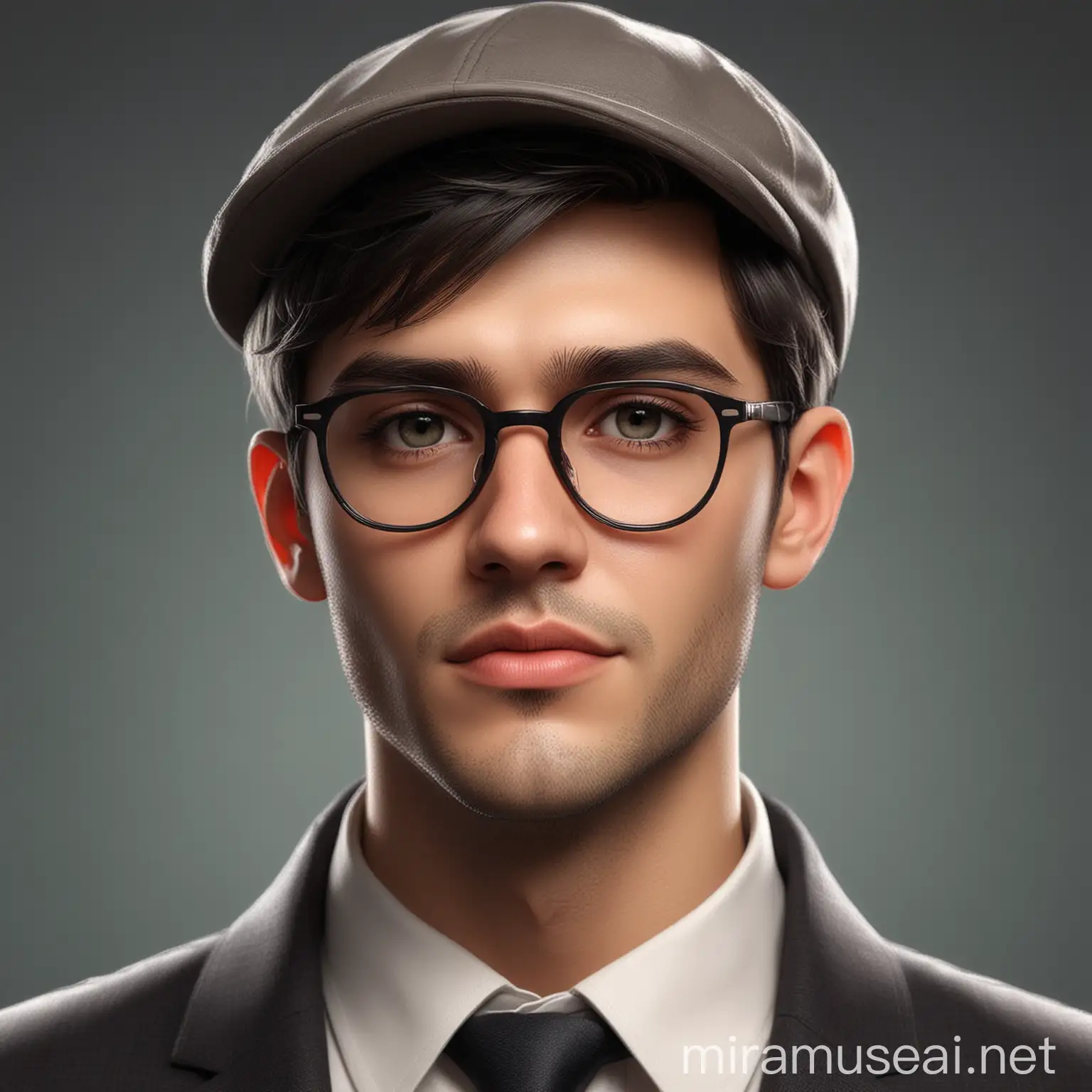Design a 2D male character wearing stylish eyeglasses and a sleek face cap. The character should exude confidence and intelligence, with a hint of mystery in his expression. The eyeglasses should be modern and sophisticated, complementing the character's overall appearance. The face cap should have a contemporary design, adding a touch of urban flair to the character's style. Consider incorporating subtle details or accessories to enhance the character's personality and make him visually compelling.