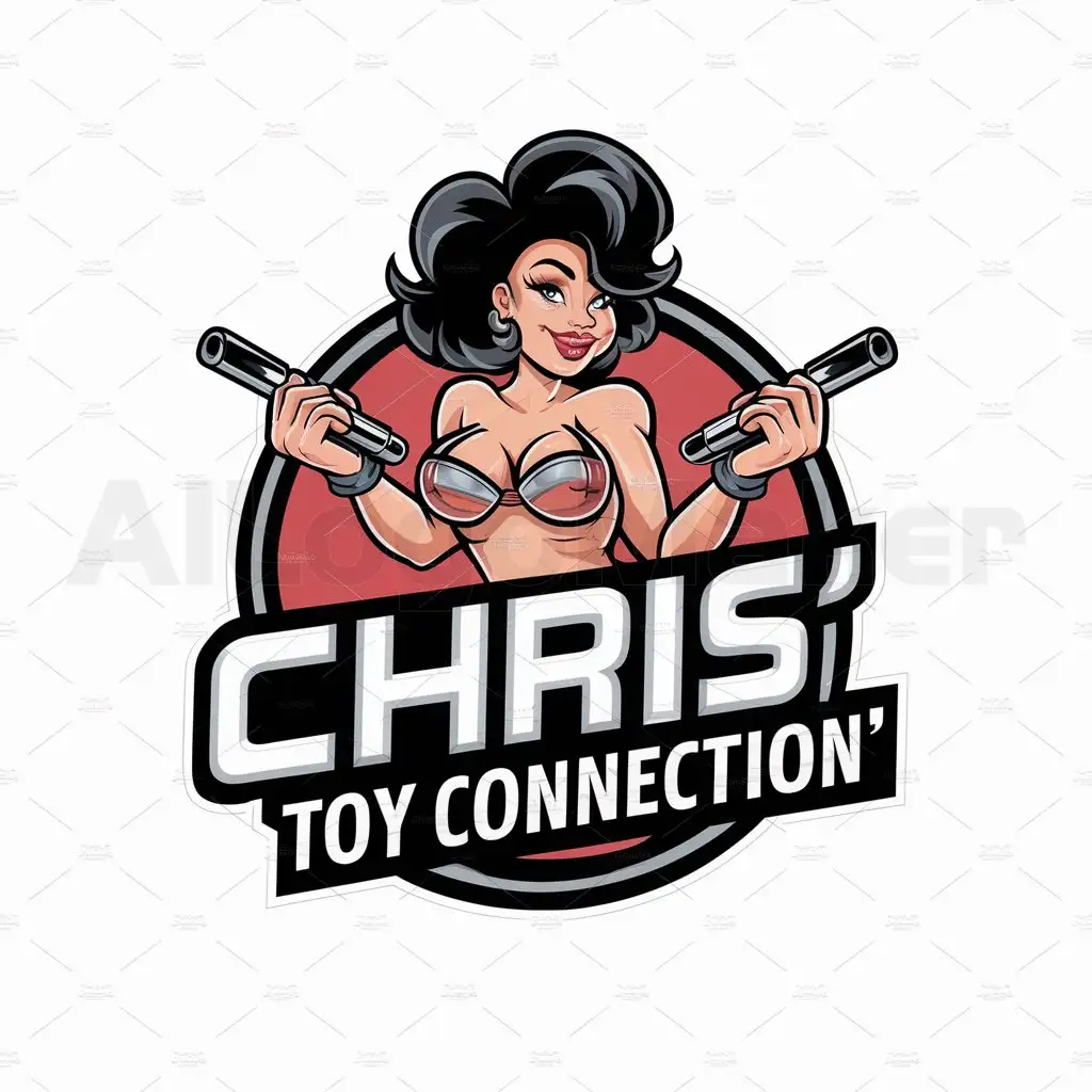 a logo design,with the text "Chris' Toy Connection", main symbol:realistic sexy girl with big juicy butt holding a chrome rod in each hand,complex,be used in Entertainment industry,clear background
