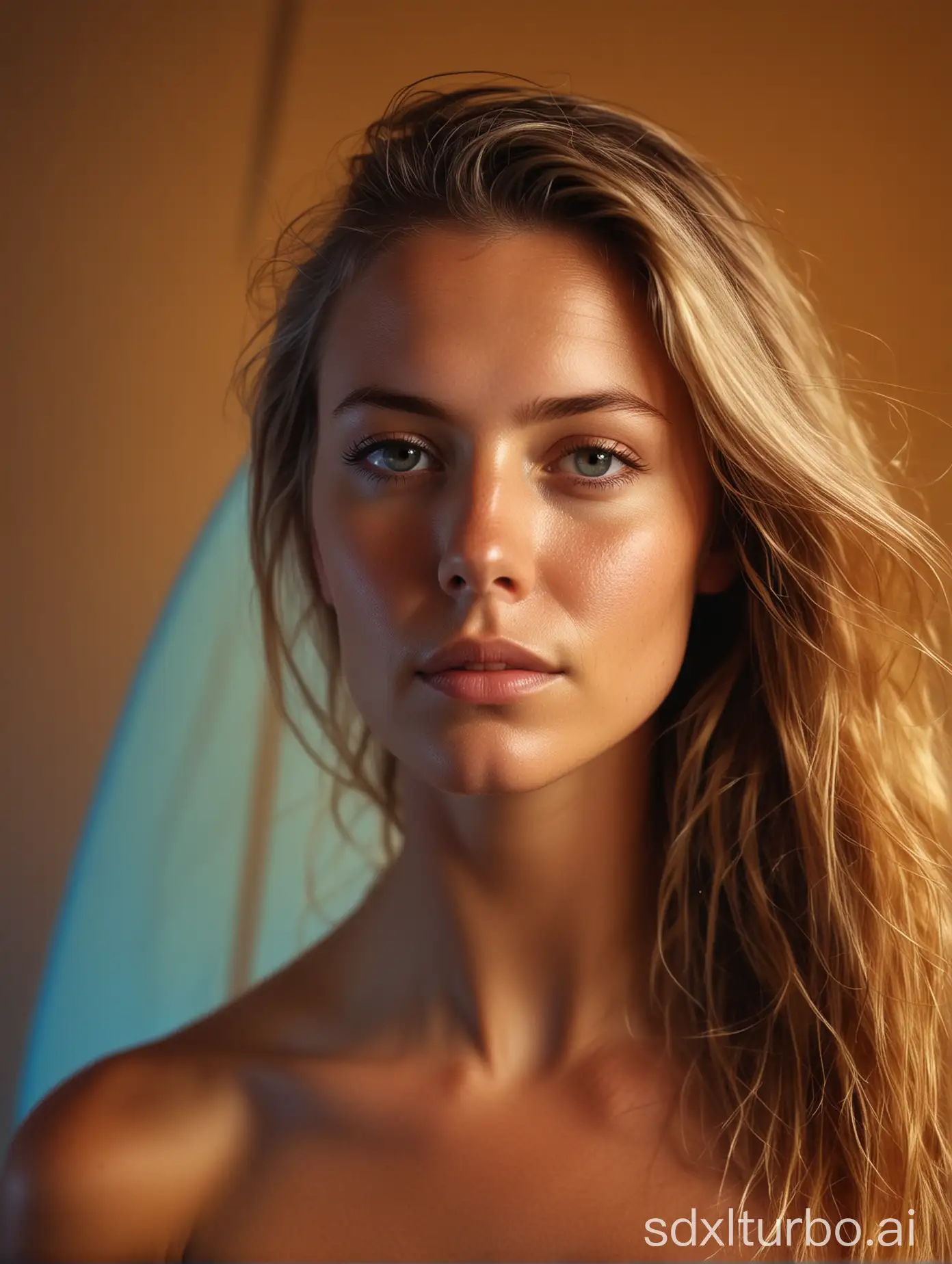 A portrait of the Surfer in front of light background, illuminated by blue light from above, creating an atmospheric and mysterious mood. Contrasts against the light orange background behind her. Her expression appears contemplative or pensive as she gazes into the dimly lit space. Shot at eye level, capturing a moment that evokes emotion and mystery -