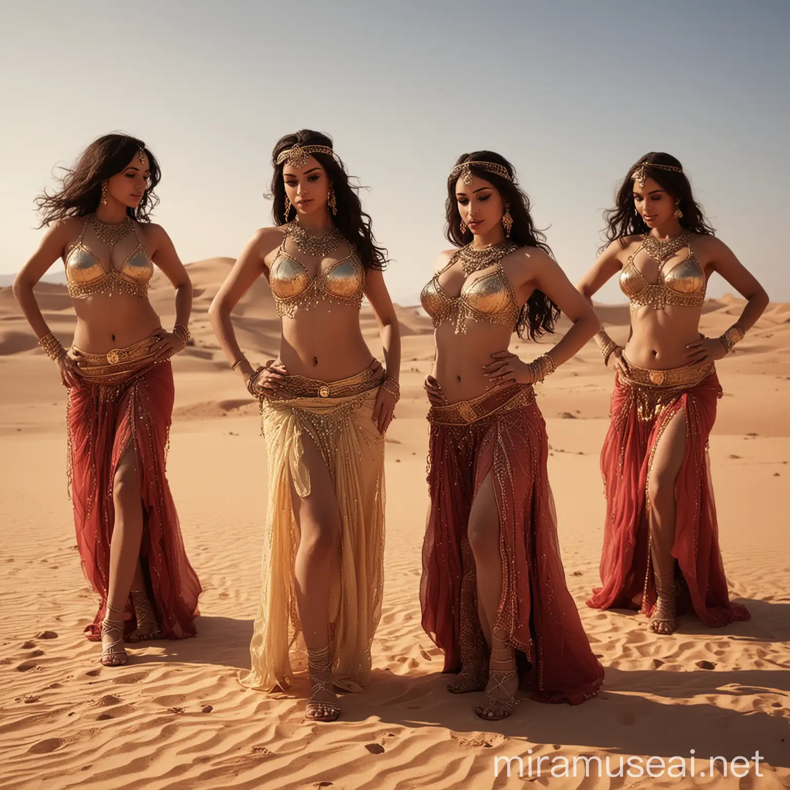 A group of young Arabic erotic belly dancers dancing in the desert , extremely detailed , intricate , sharp lines , full body shot