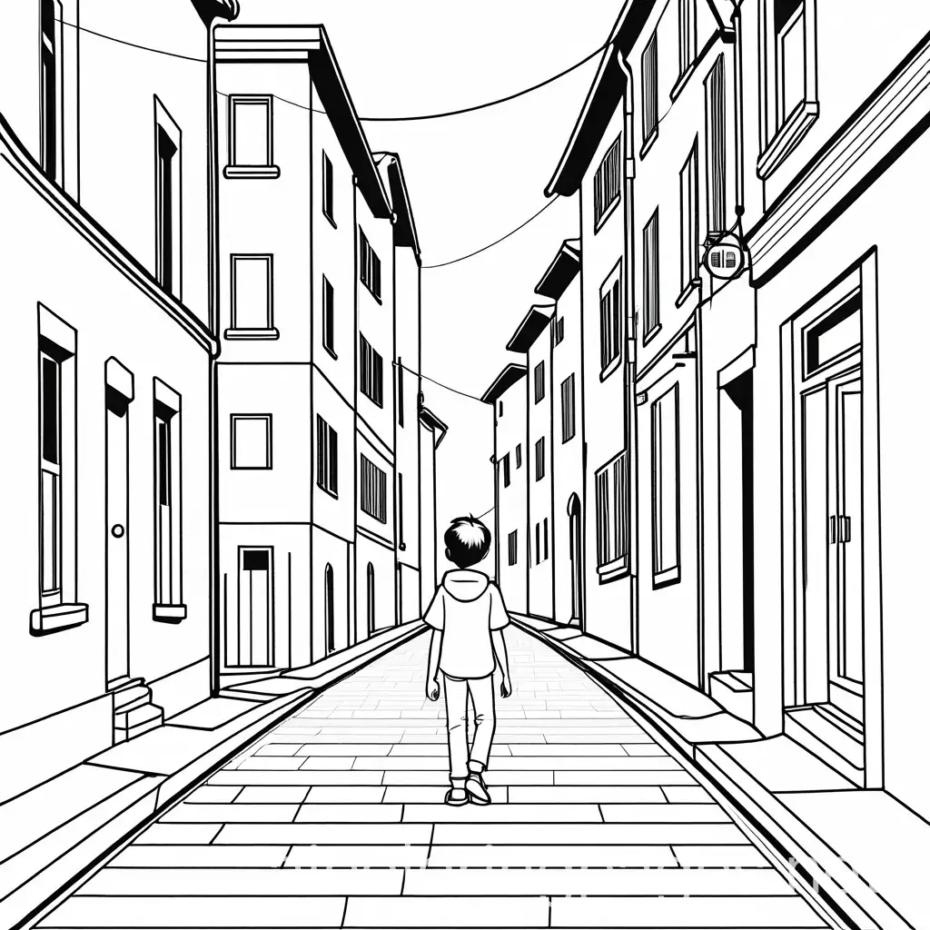 a boy walking down the street, Coloring Page, black and white, line art, white background, Simplicity, Ample White Space