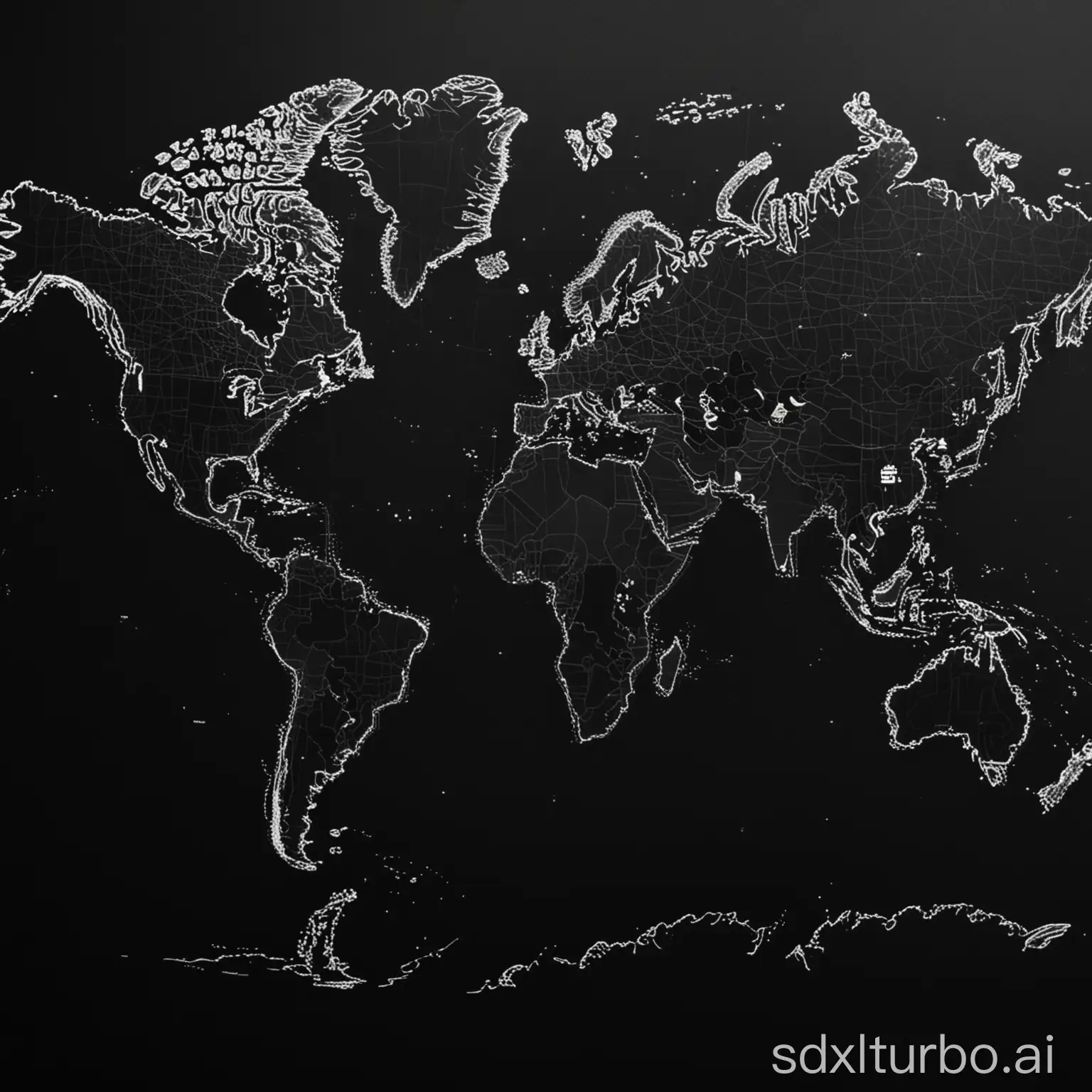 create a world map in monochrome with black background with checkpoints in it marked with neon color