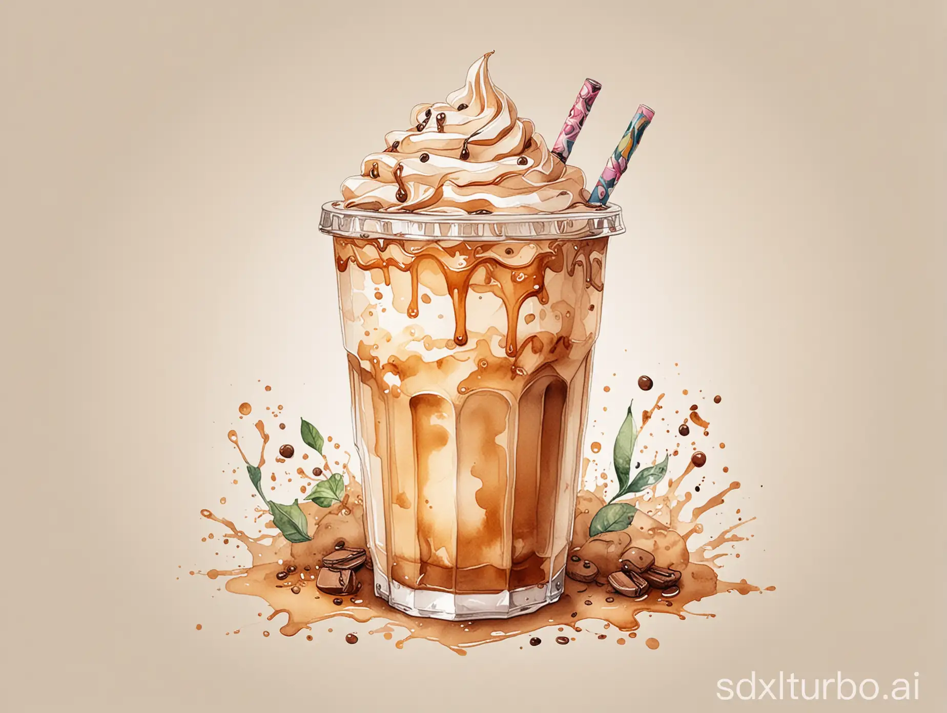 watercolor aesthetic, vector illustration, iced coffee with a whimsical design, white background --s 250 --niji 6