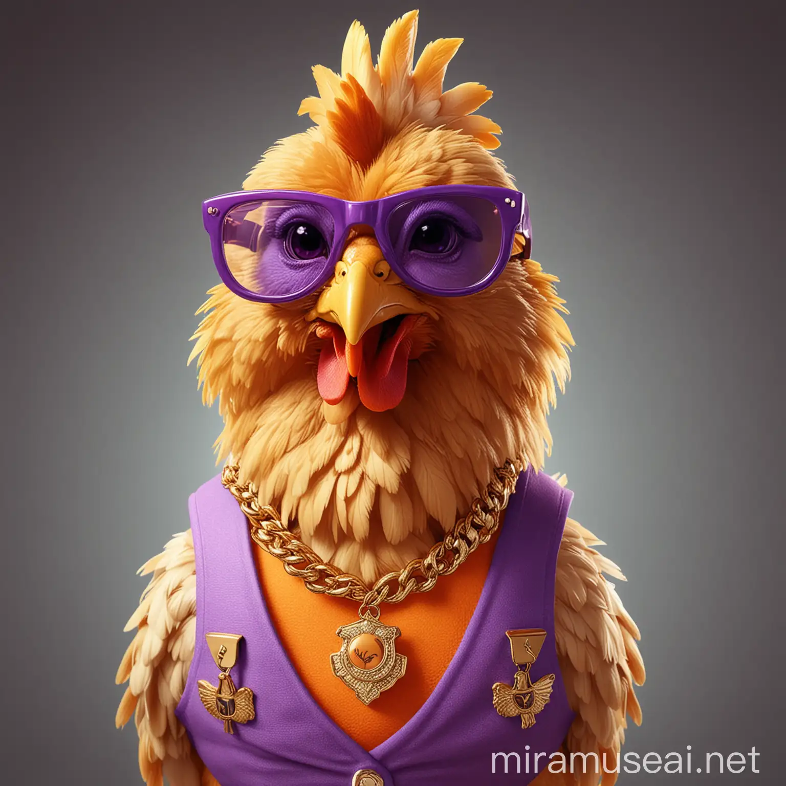 cartoon chicken with purple sunglasses wearing orange vest and big gold necklace