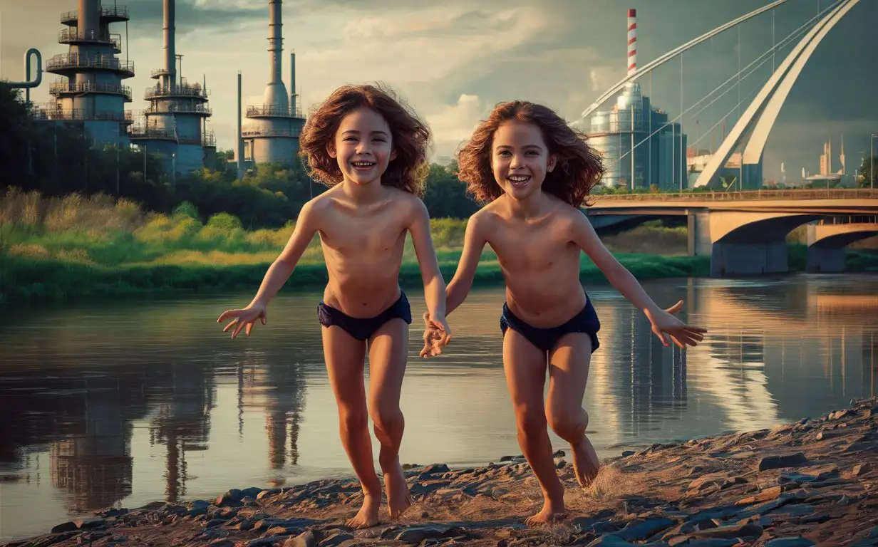 Happy nudist girls 11 years old playing by the river socialist realism futurism 