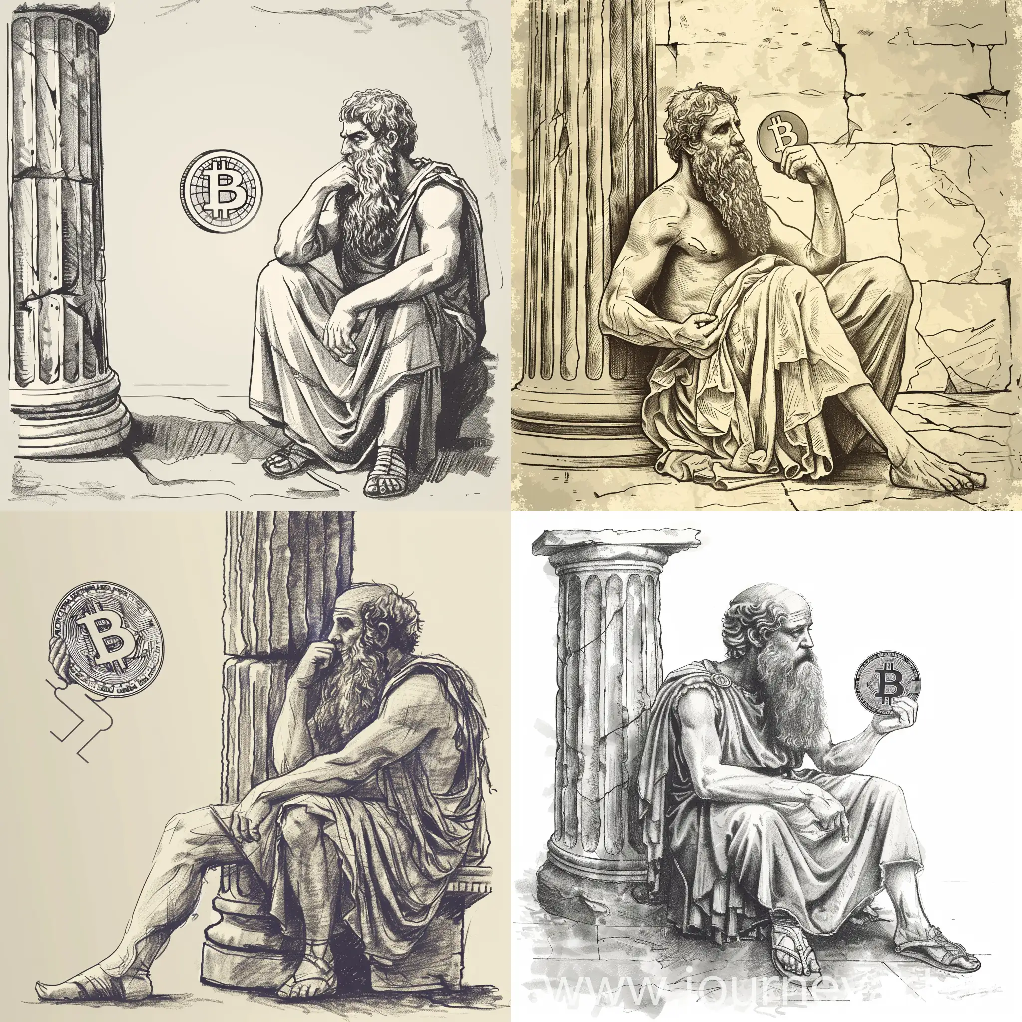 a sketch of Greek philosopher with a long beard sitting near a Greek column thinking and holding a bitcoin symbol in his hand