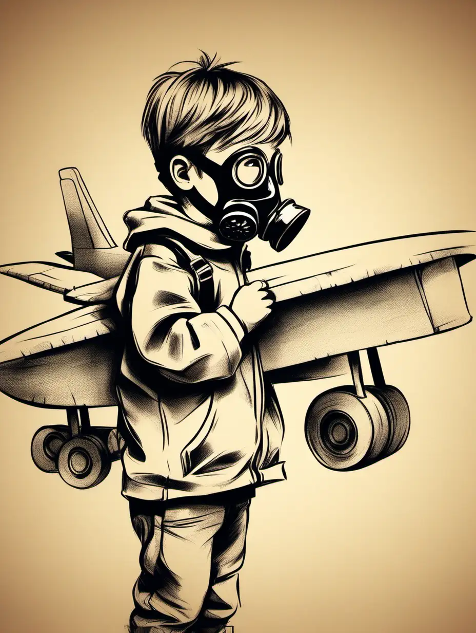 Little boy with Gas mask playing with plane cardboard sketch