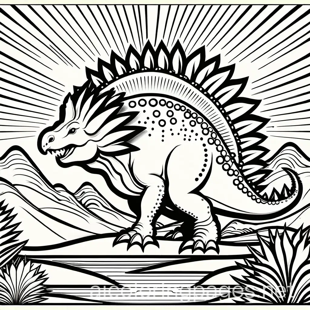  A Stegosaurus proudly displaying its spiky plates, shining in the sunlight..Coloring Page, black and white,, Coloring Page, black and white, line art, white background, Simplicity, Ample White Space. The background of the coloring page is plain white to make it easy for young children to color within the lines. The outlines of all the subjects are easy to distinguish, making it simple for kids to color without too much difficulty