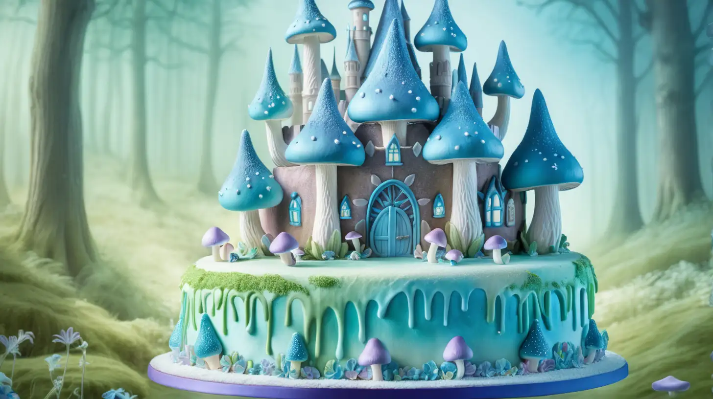 a sugary cake with fairy tale mushrooms and a castle. Icing. Sugar. Ice cream under a magical canopy. Large cake of blues and greens.