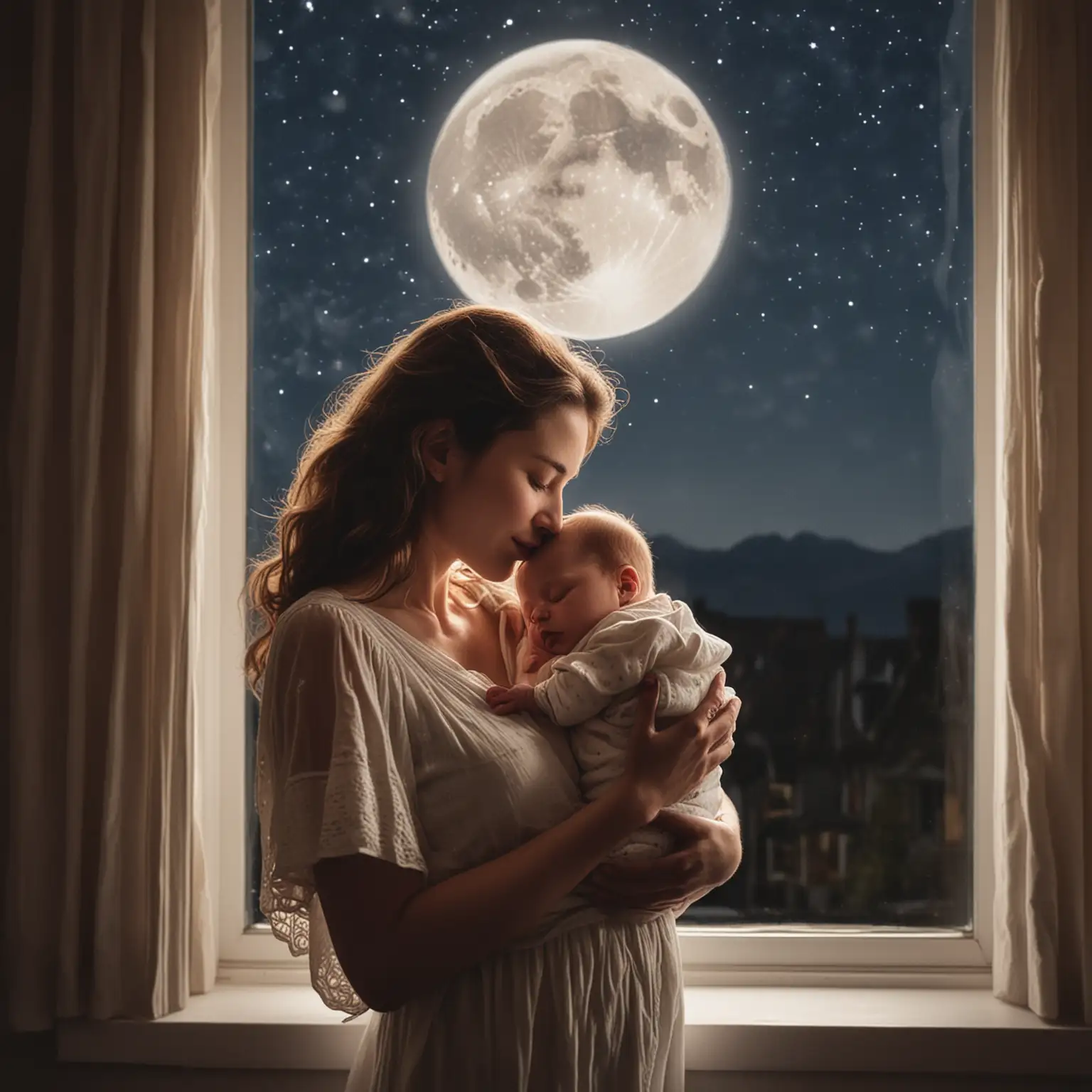 Mother Singing Lullaby to Sleeping Baby by Moonlit Window