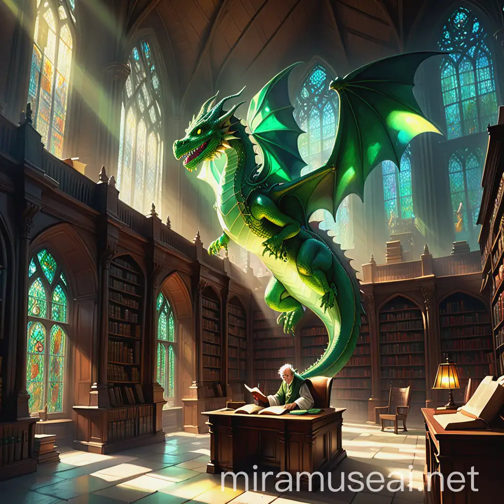 A grand, old library with towering bookshelves that reach towards a vaulted ceiling. Sunlight filters through stained-glass windows, casting an ethereal glow on the ancient tomes. A wizened librarian with a kind smile sits at a desk, a miniature green dragon curled contentedly beside him.