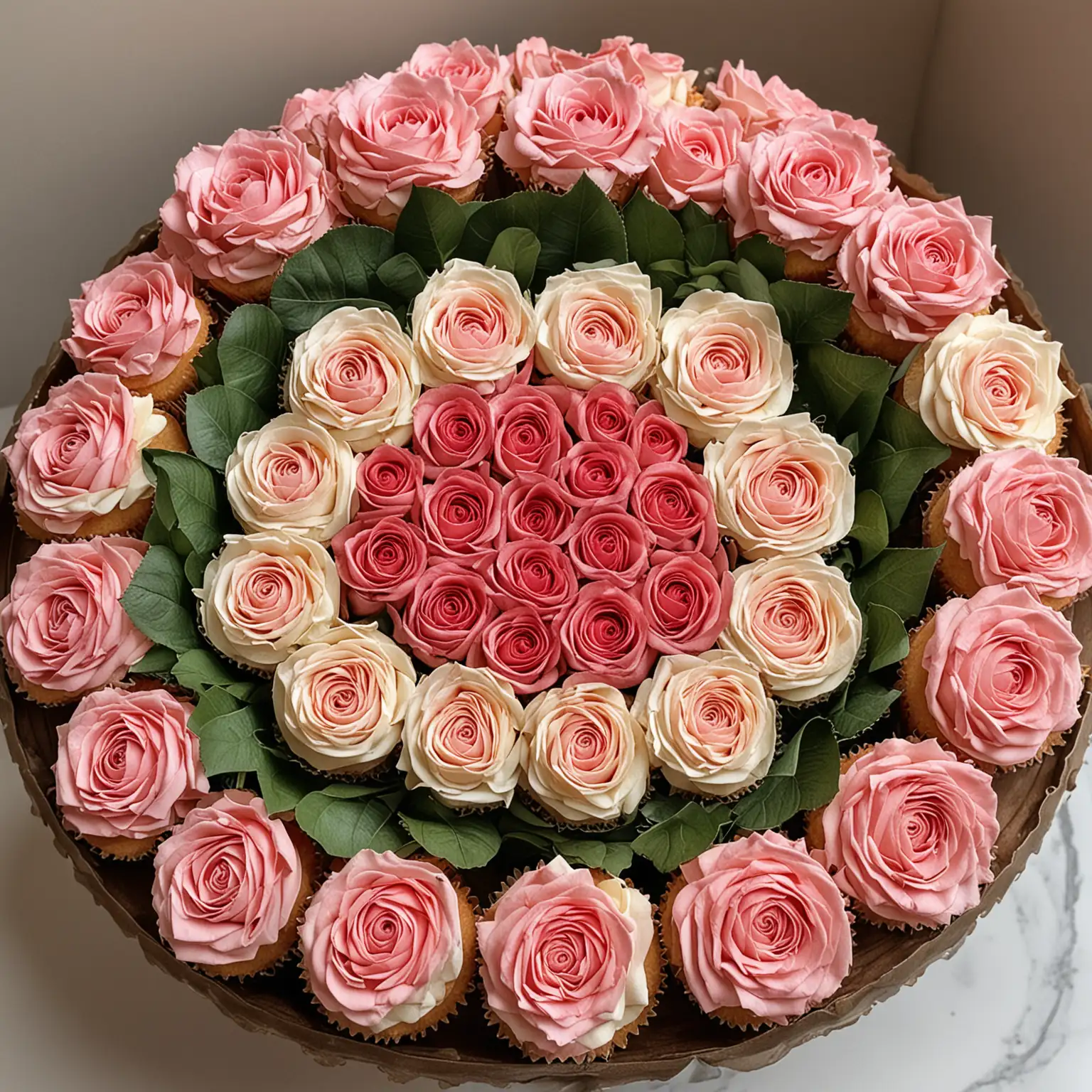 Elegant-Rose-Bouquet-Surrounded-by-Cupcakes-on-Tray