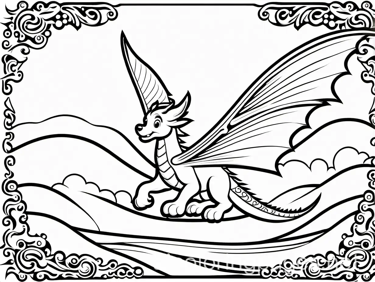 A flying dragon-dog, Coloring Page, black and white, line art, white background, Simplicity, Ample White Space. The background of the coloring page is plain white to make it easy for young children to color within the lines. The outlines of all the subjects are easy to distinguish, making it simple for kids to color without too much difficulty