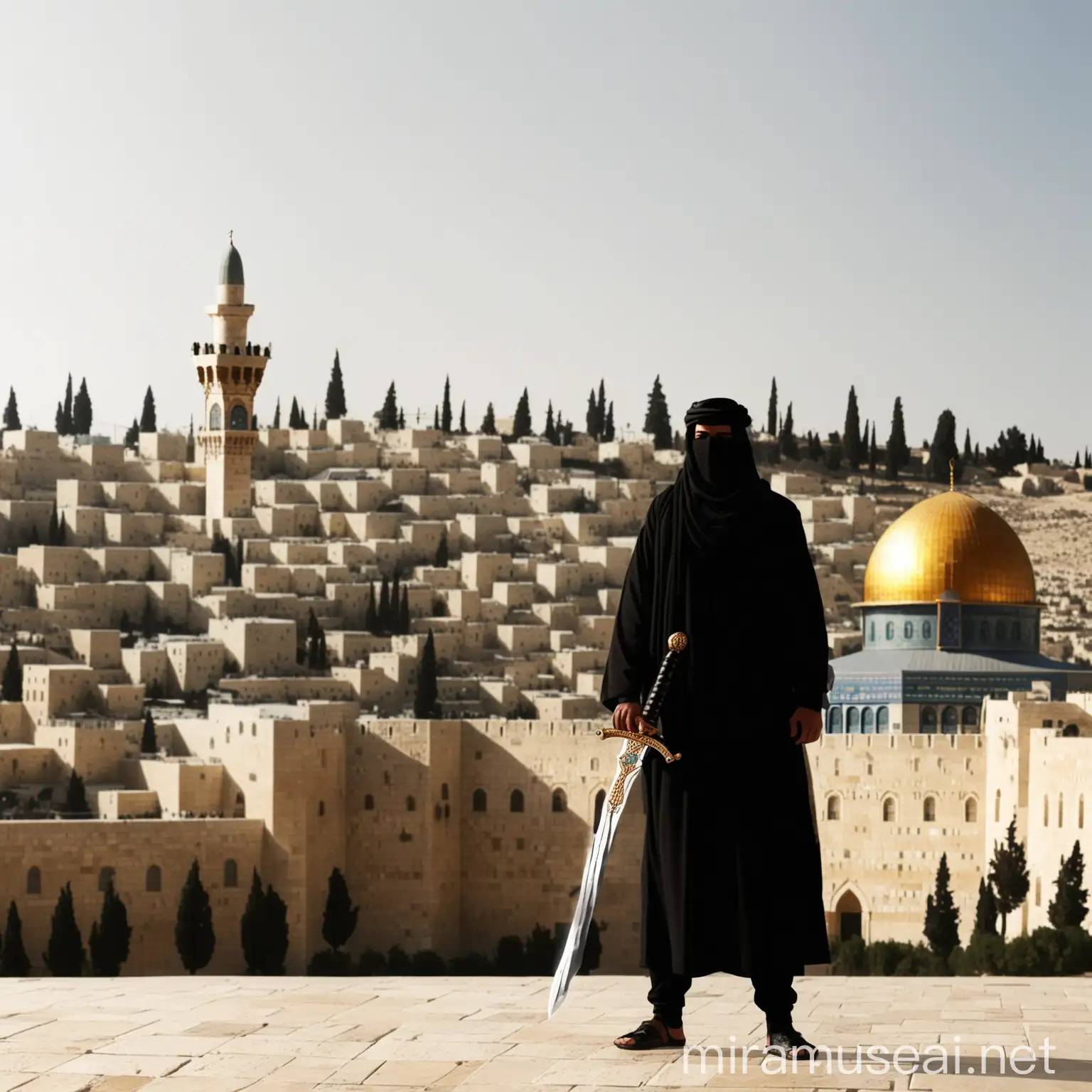 Muslim Warrior with Blurred Face Holding Sword in Front of Jerusalem Palestine