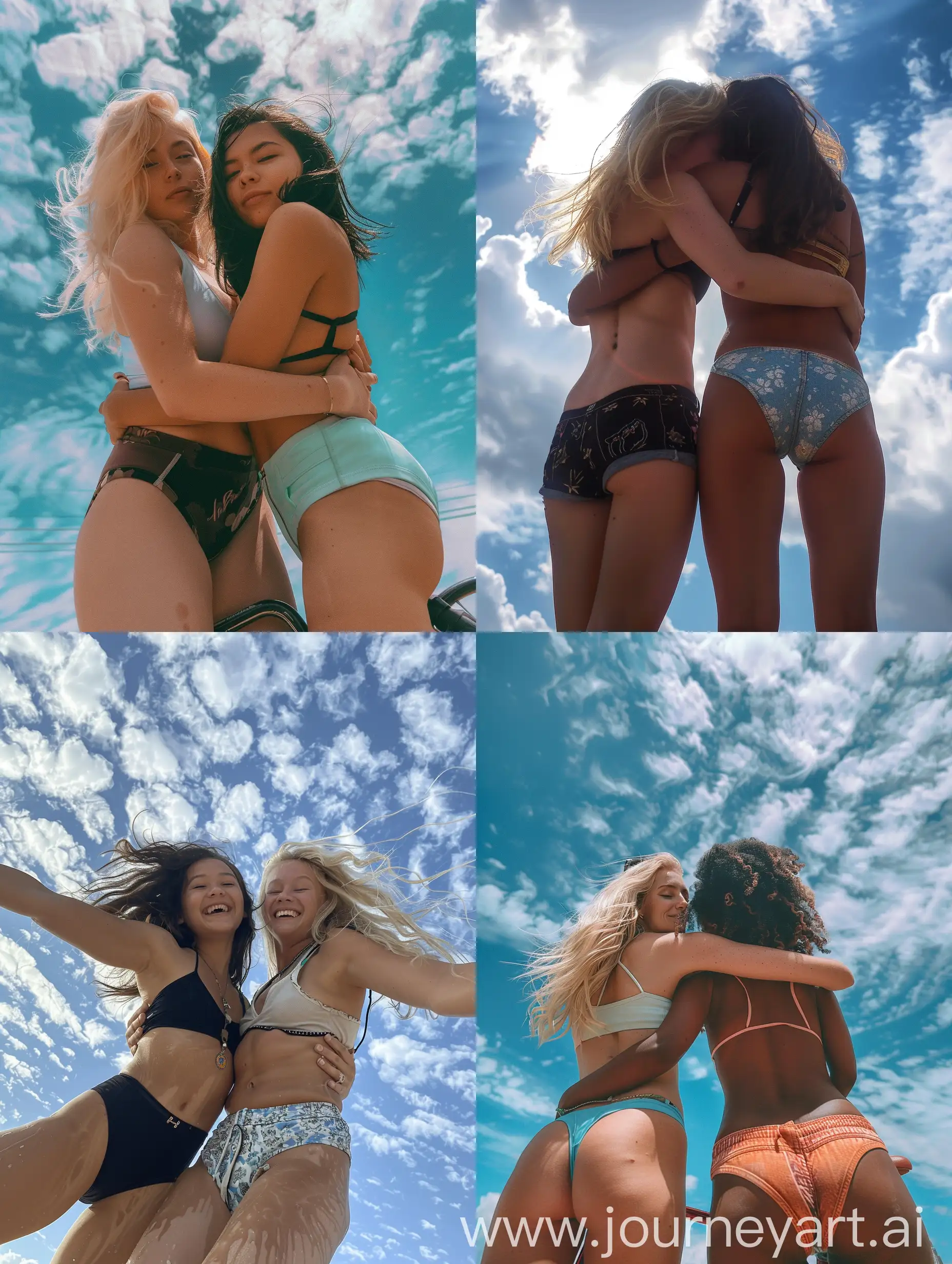 Two-Women-Embracing-in-Casual-Wear-Under-Sky-View