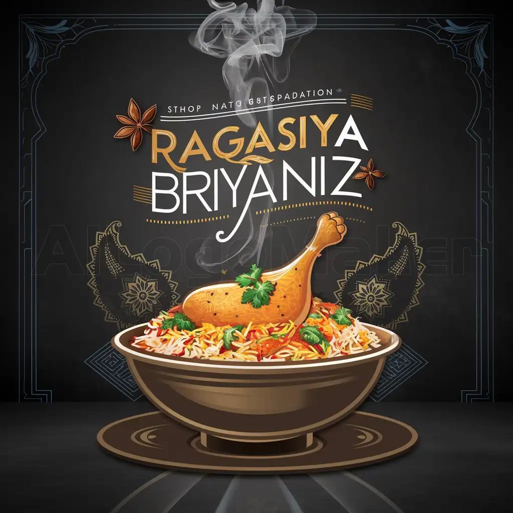 a logo design,with the text "RAgasiya Briyaniz", main symbol:Shop Name: Ragasiya BriyaniznStyle: Trendy and AttractivenFood: Include a representation of biryani, such as a steaming bowl of rice with spices or ingredients like meat, vegetables, and nuts.nBrand Name: Incorporate the shop name 'Ragasiya Briyaniz' in a stylish and readable font. You can experiment with different placements, such as above or below the biryani illustration. Consider a modern and slightly decorative font to reflect the trendy style.nColors: Use vibrant and appetizing colors that represent Indian cuisine and spices. Consider colors like saffron yellow, turmeric orange, deep red, and forest green. You can also explore incorporating a touch of silver or gold for a touch of elegance.nOptional Elements:nShapes: Paisley motifs or geometric patterns with a modern twist can add visual interest and connect to Indian heritage.nStar Anise: A star anise is a common spice used in biryani and can be a subtle nod to the ingredients.nSteam/Smoke: To add a sense of aroma and freshness, you can depict steam or smoke rising from the biryani.nOverall Tone:nThe logo should be modern, eye-catching, and convey the deliciousness of Ragasiya Briyaniz's biryani. It should also have a touch of elegance and sophistication to reflect the 'Ragasiya' name.nHAVE SOME CHICKEN LEG FRIED PC , BACKGROUND - BLACK,complex,be used in Restaurant industry,clear background