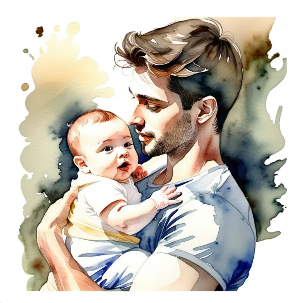 Adorable Father and Child Portrait in Watercolor