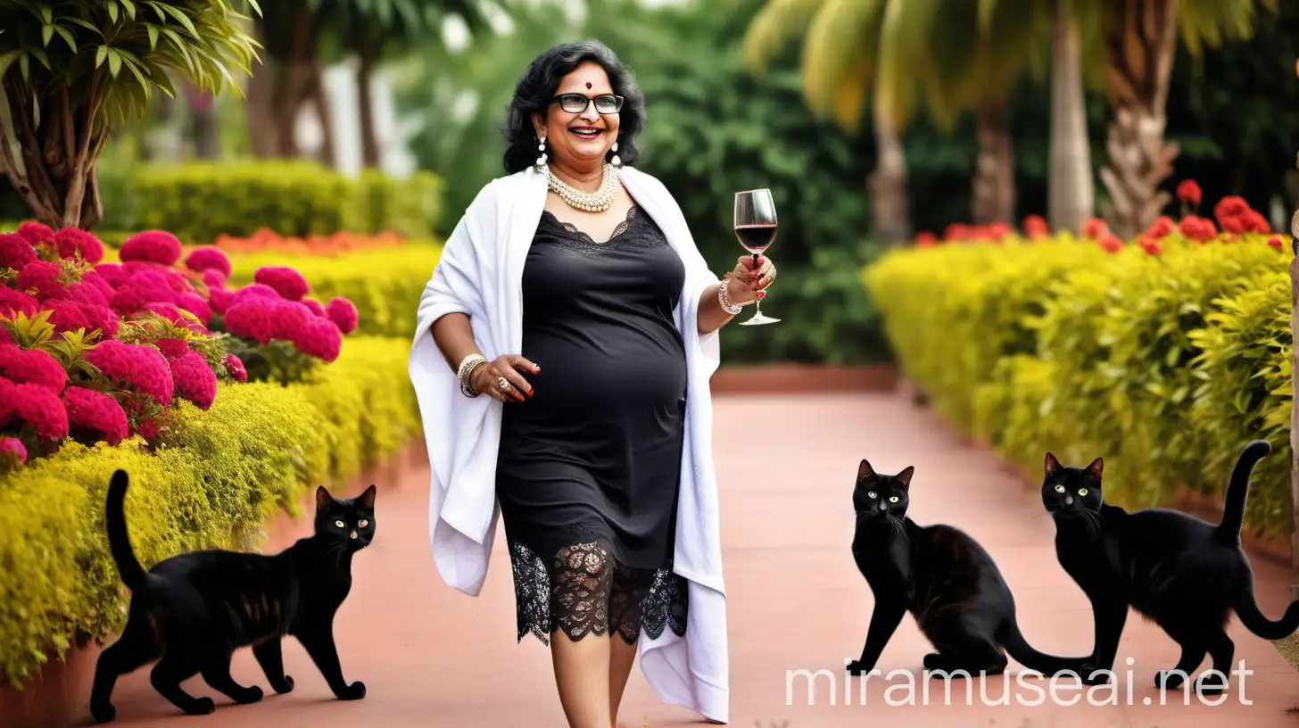 a indian mature  fat woman having big stomach age 49 years old attractive looks with make up on face ,binding her high volume hairs, wearing metal anklet on feet and high heels, drinking wine, holding a wine glass  . she is happy and smiling. she is wearing pearl neck lace in her neck , earrings in ears, a power spectacles on her eyes and wearing   a  white  bath towel on her body. she is walking in a luxurious colorful  flower garden ,  three black cats are walking with her.