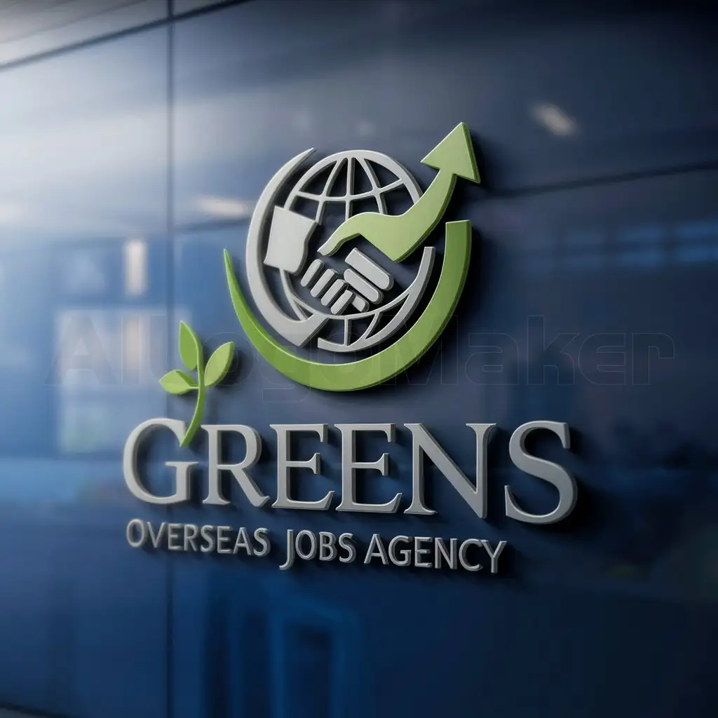 a logo design,with the text "GREENS OVERSEAS JOBS AGENCY", main symbol:Logo Prompt: Greens Overseas Jobs AgencynConcept: Professional, Trustworthy, Growth-Oriented, InternationalnCompany Name: Greens Overseas Jobs AgencynServices: Job consultancy, job agent, manpower placementnTarget Audience: Job seekers and potential employers nStyle:nProfessional: The logo should convey a sense of competence and reliability.nTrustworthy: Design elements should inspire confidence in the agency's services.nGrowth-Oriented: Incorporate visuals that suggest career advancement and opportunity.nInternational: Subtly hint at the agency's focus on overseas job placement.nColor Palette:nConsider colors that evoke trust and stability, such as blues, greens, and grays.nYou can use accents of a brighter color (perhaps green) to reflect the company name and growth theme.nPossible Design Elements:nGlobe: A subtle globe icon can represent the international aspect of the agency.nHandshake: A handshake symbol can signify the connection between job seekers and employers.nArrow Upward: An upward pointing arrow can represent career growth and advancement.nTree or Plant Sprout: A green tree or plant sprout can visually connect to the company name 'Greens' and symbolize growth opportunities.nAbstract Mark: Explore a creative abstract mark that incorporates elements like a globe, handshake, or sprout in a stylized way.nText:nUse a clean and professional font for the company name.nOverall Tone:nThe logo should be polished, memorable, and create a sense of confidence for both job seekers and potential employers utilizing Greens Overseas Jobs Agency's services.,complex,be used in AGENCY industry,clear background