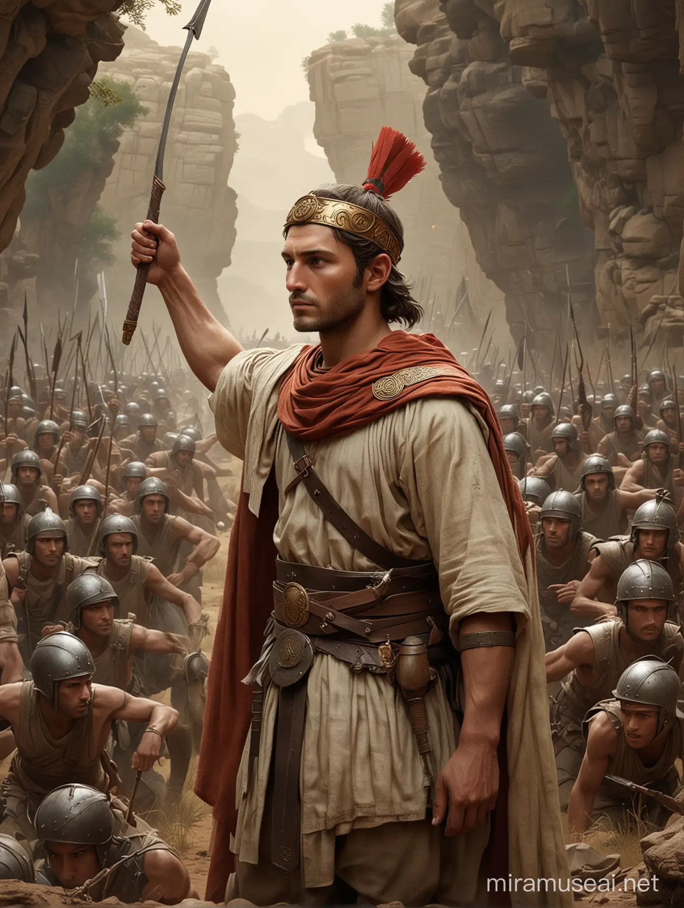 Generate an image capturing the essence of young Eliphal's leadership, as he strategizes with 'The Thirty,' his wisdom and tactical prowess guiding them through the challenges of warfare. In ancient world 