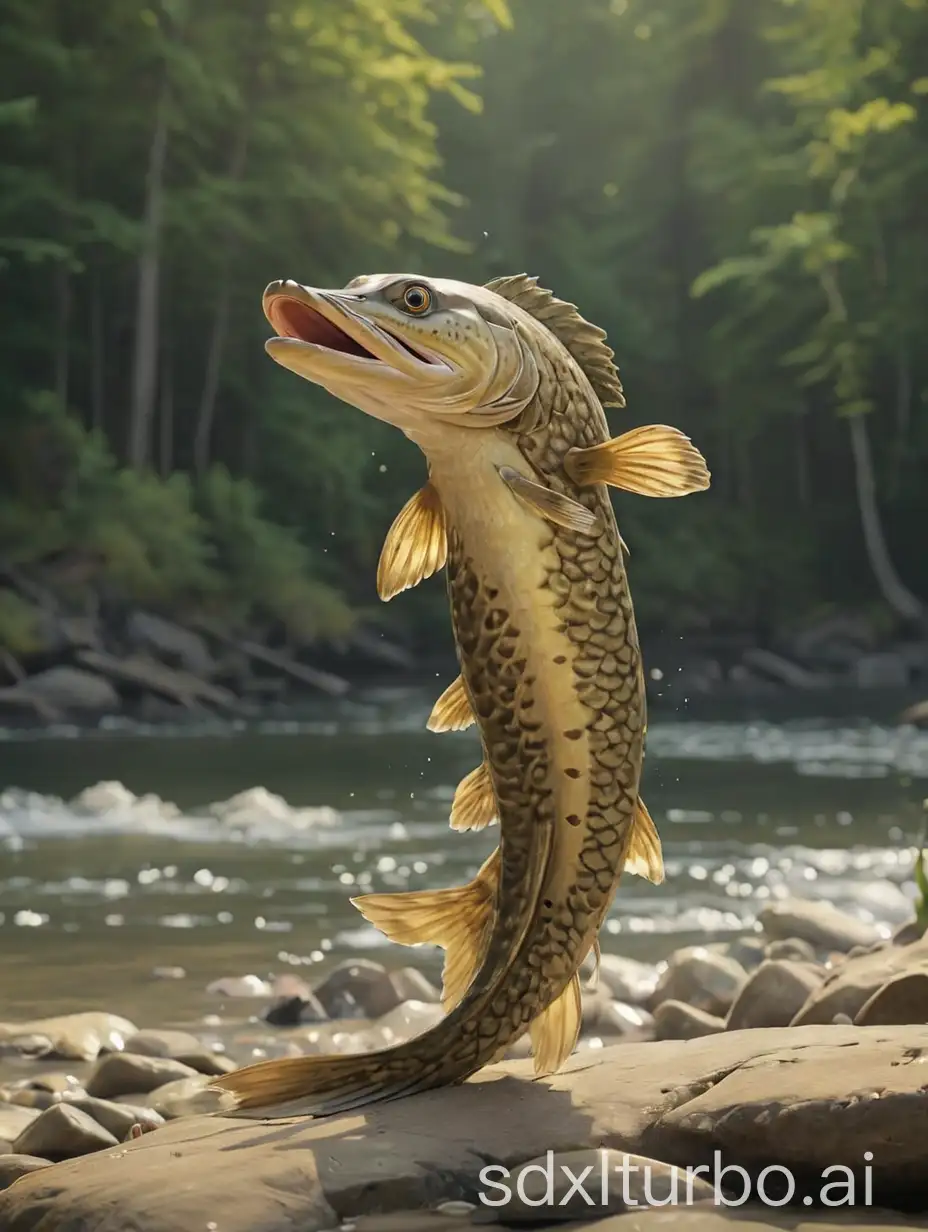 show a pike fish that stands on its tailfin at the shore and looks lively