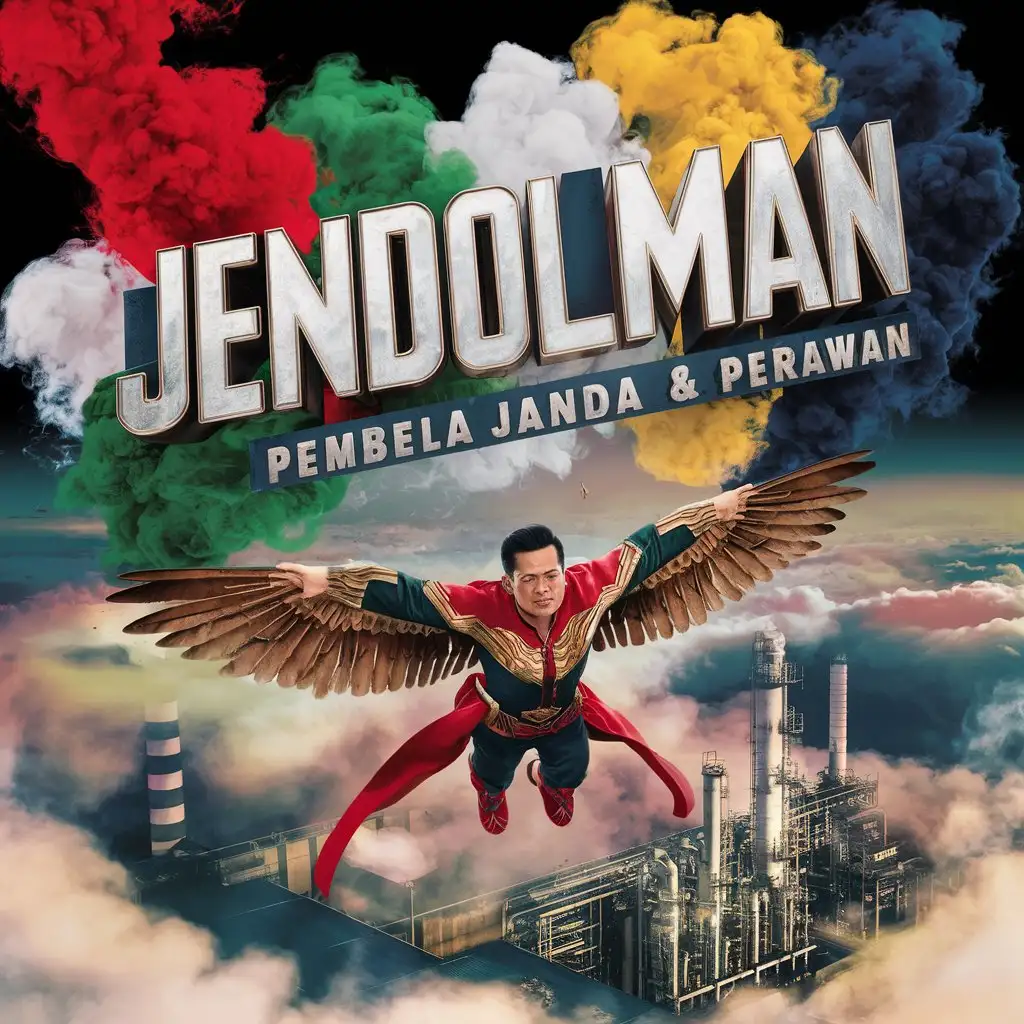 create a vivid 4K Metallic name title "JENDOLMAN" unique bold 3D spelled correctly text to text in white pearlescent block font surrounded in RED, GREEN, WHITE, YELLOW and navy-BLUE smoke, colorful splashes of color, metallic name “PEMBELA JANDA & PERAWAN" floating on a black background, a 30 year old Indonesian man with an Indonesian face wearing a Super Hero Majapahit Nusantara outfit, has avenger falcon wings, flying over an oil refinery, view from above, feet above the clouds