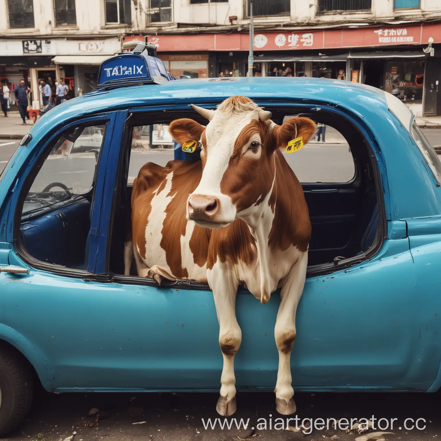корова сидит в синем такси