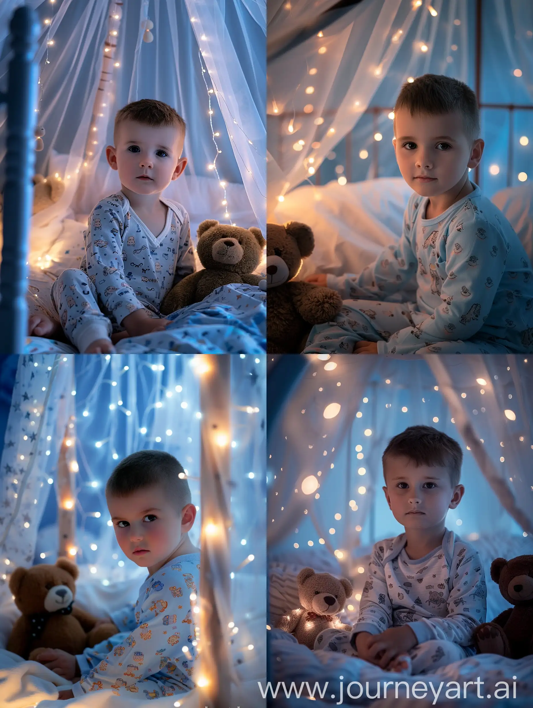 Boy-in-Pajamas-Sitting-on-Glowing-Canopy-Bed-with-Teddy-Bear